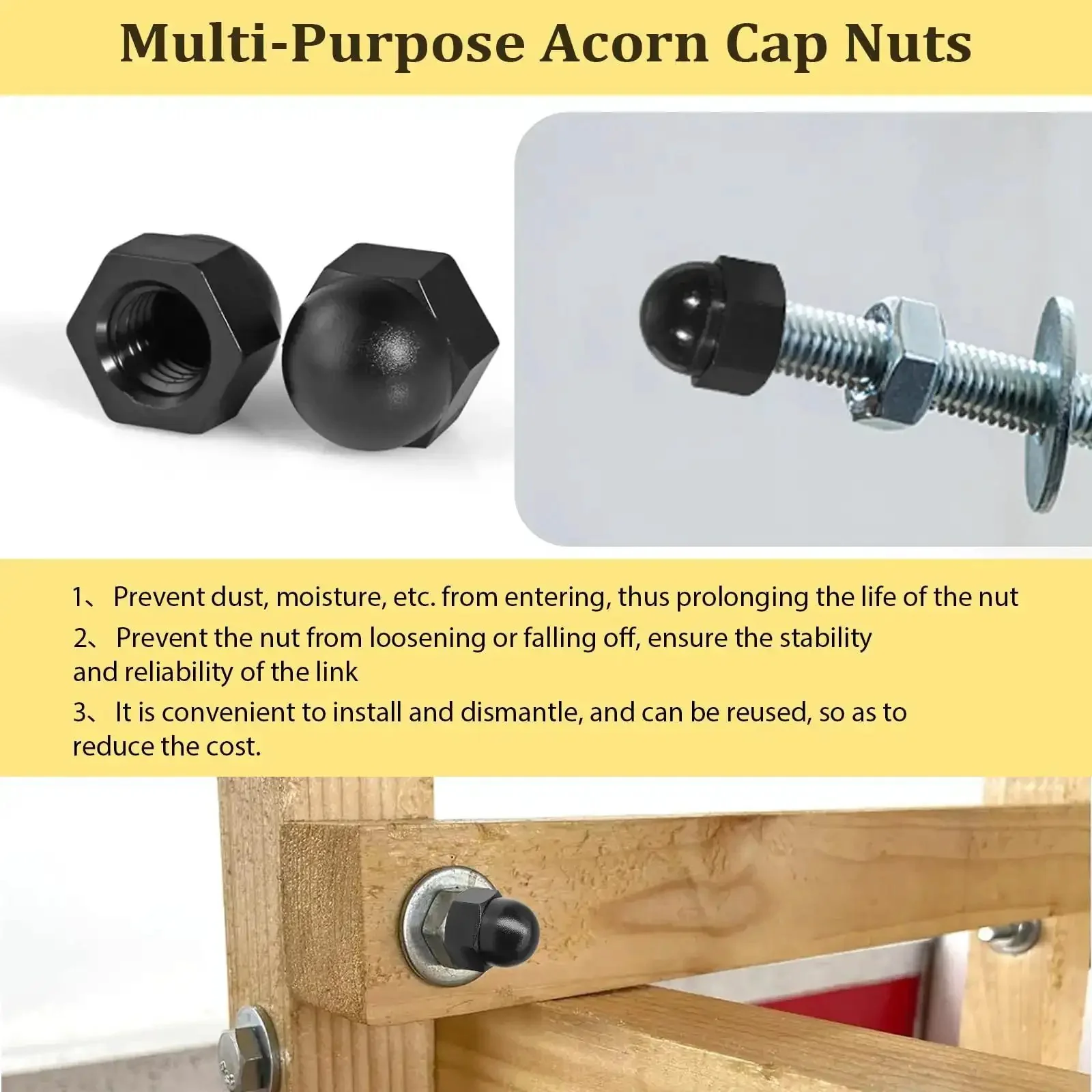 All In One Black Nylon Acorn Nut Kit With M3 To M10 Sizes, 155 Pieces, Dome Head Cap Nuts For Bolts, Indoor And Outdoor Use, Sturdy Nylon Nut Caps For Spacers, Fasteners, And DIY Projects - Image 5