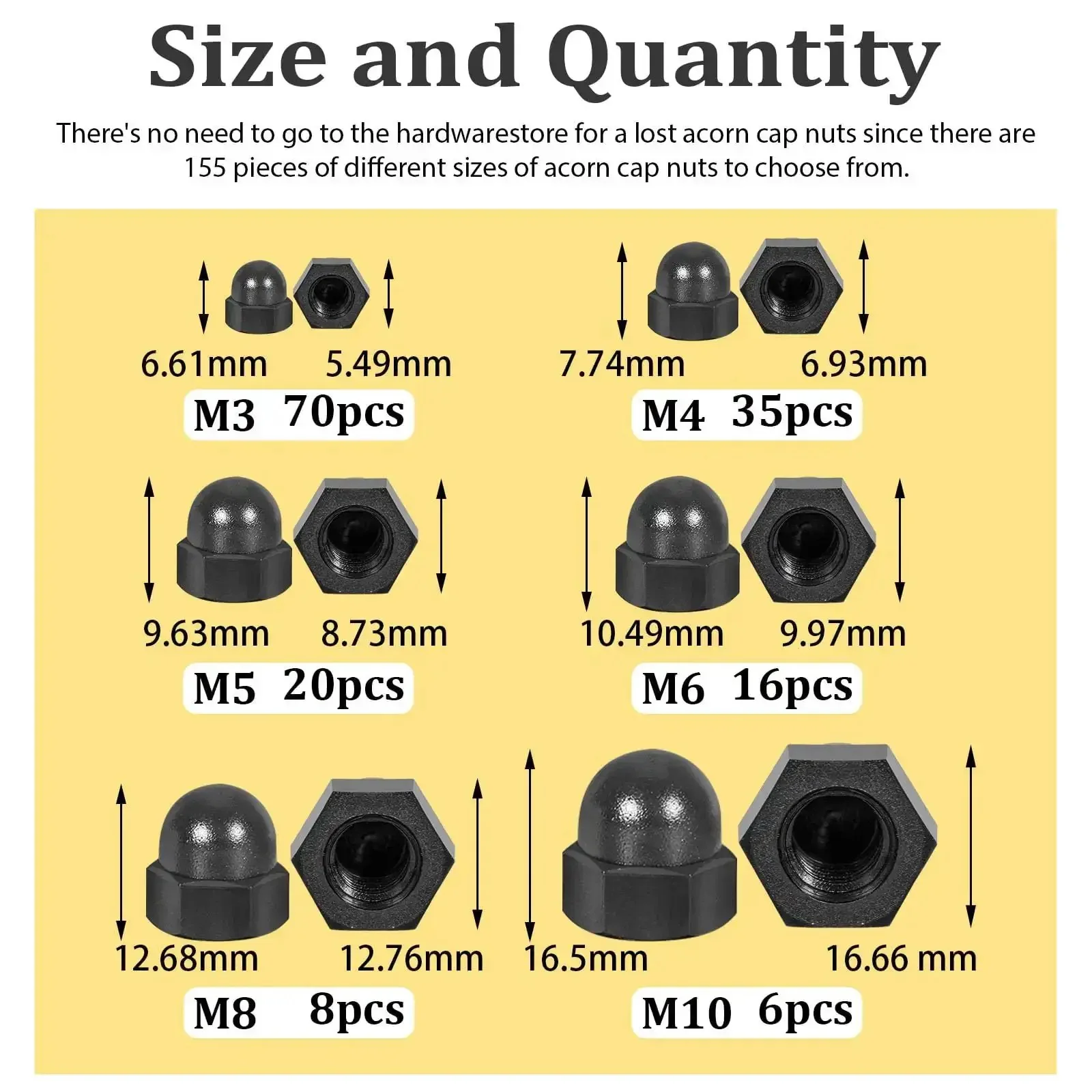 All In One Black Nylon Acorn Nut Kit With M3 To M10 Sizes, 155 Pieces, Dome Head Cap Nuts For Bolts, Indoor And Outdoor Use, Sturdy Nylon Nut Caps For Spacers, Fasteners, And DIY Projects - Image 7