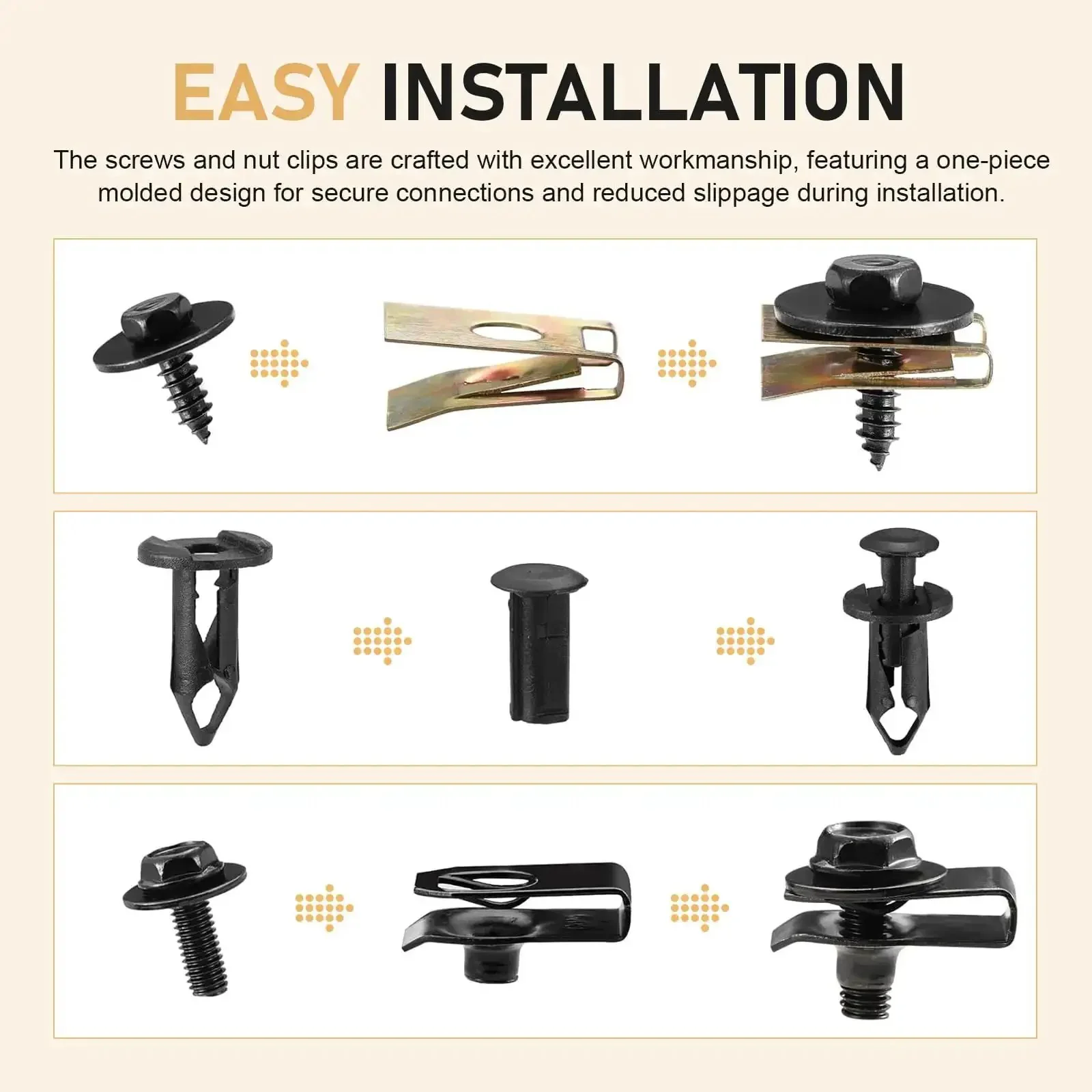 All In One Car Fastener Kit 100 Pcs Grab And Go With Body Bolts Nuts U Clips Self Tapping Screws Snap Nuts 5 Types Anti Rust Universal For Engine Under Cover Fender Bumper Splash Guards Black - Image 5