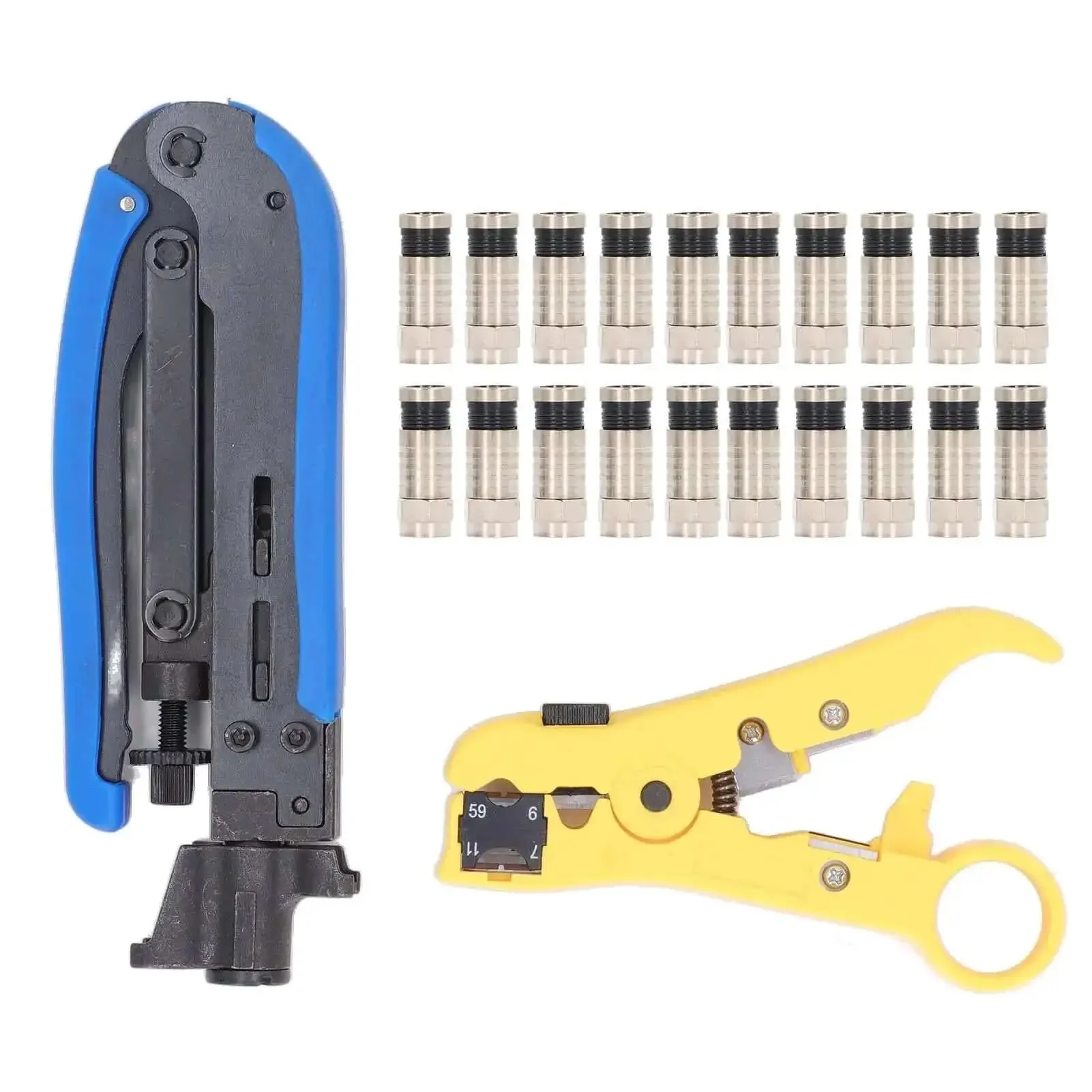 All In One Coax Cable Tool Kit With Adjustable F Head And Anti Slip Grip For RG6 RG59 RG11 And 75 Ohm F Connectors Includes 20 RG6 F Compression Connectors And Precision Wire Stripper For Indoor Use