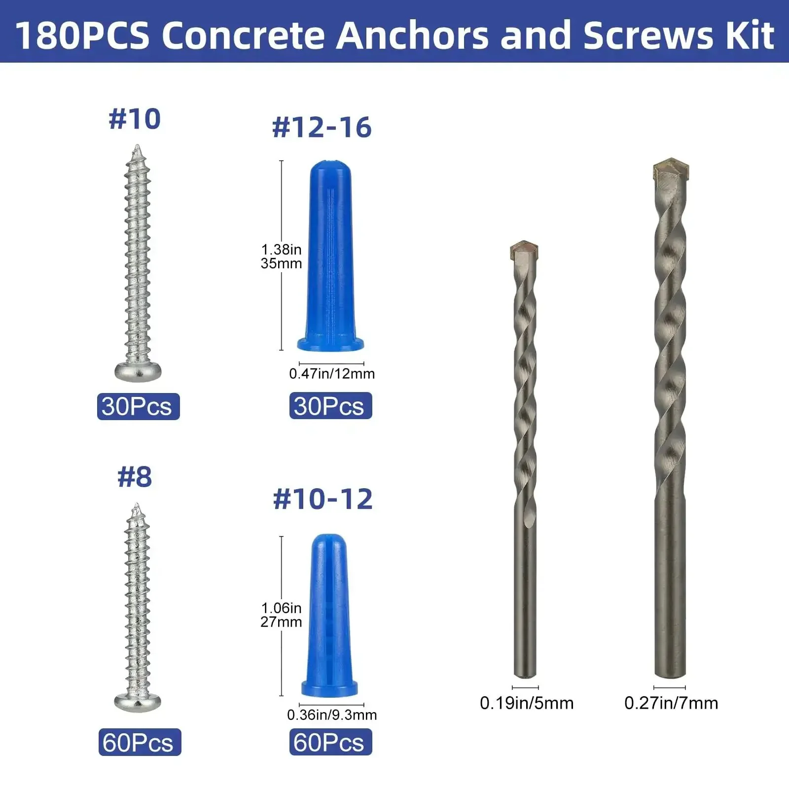 All In One Concrete Anchors And Screws Kit For Masonry Projects, 180 Piece Set With 90 Concrete Wall Anchors And 90 Self Tapping Screws For Brick Cement Stucco Block And Tile, DIY Friendly No Sweat Install Includes 2 Drill Bits - Image 4