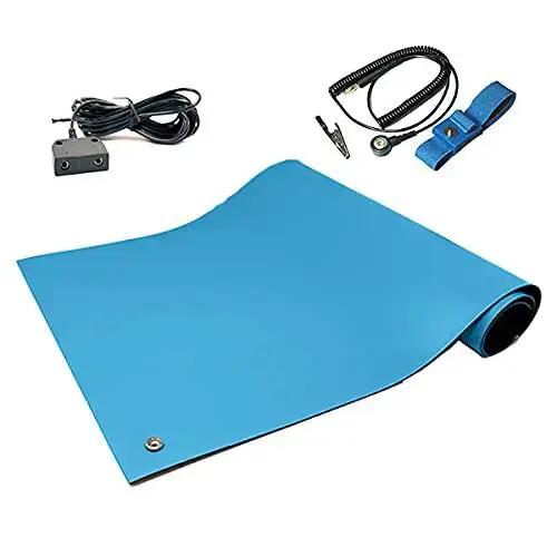 All In One Dual Layer ESD Safe Workstation Mat Kit For Soldering And Phone Repair 24 By 16 Inch Blue Includes Wrist Strap And Ground Cord Anti Static Rubber Desk Mat For Hot Soldering And Electronics Assembly