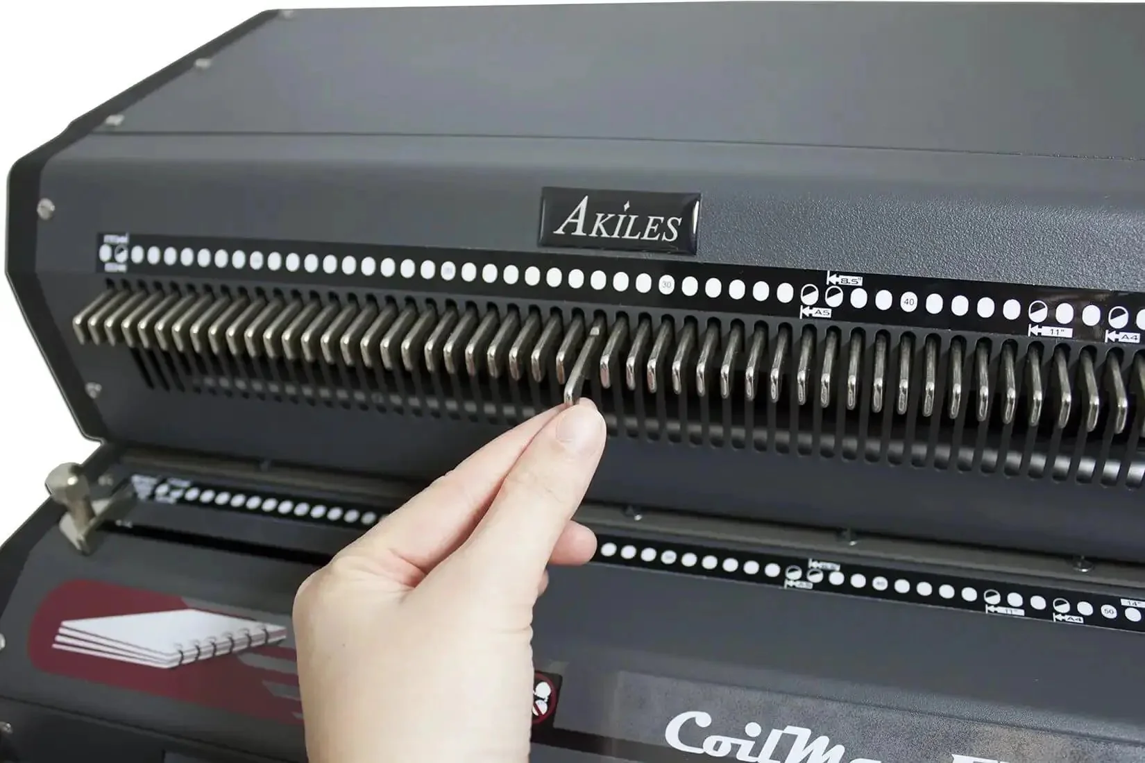 All-In-One Electric Coil Binding Machine With Punch, Inserter And Crimper - 54 Pin, 4x5mm Oval Holes, 4:1 Pitch, 13 Inch Punching Length, Open-Ended Continuous Guide For Long Docs, High-Volume Coil Punch And Insert, Foot Pedal Operation - Image 5