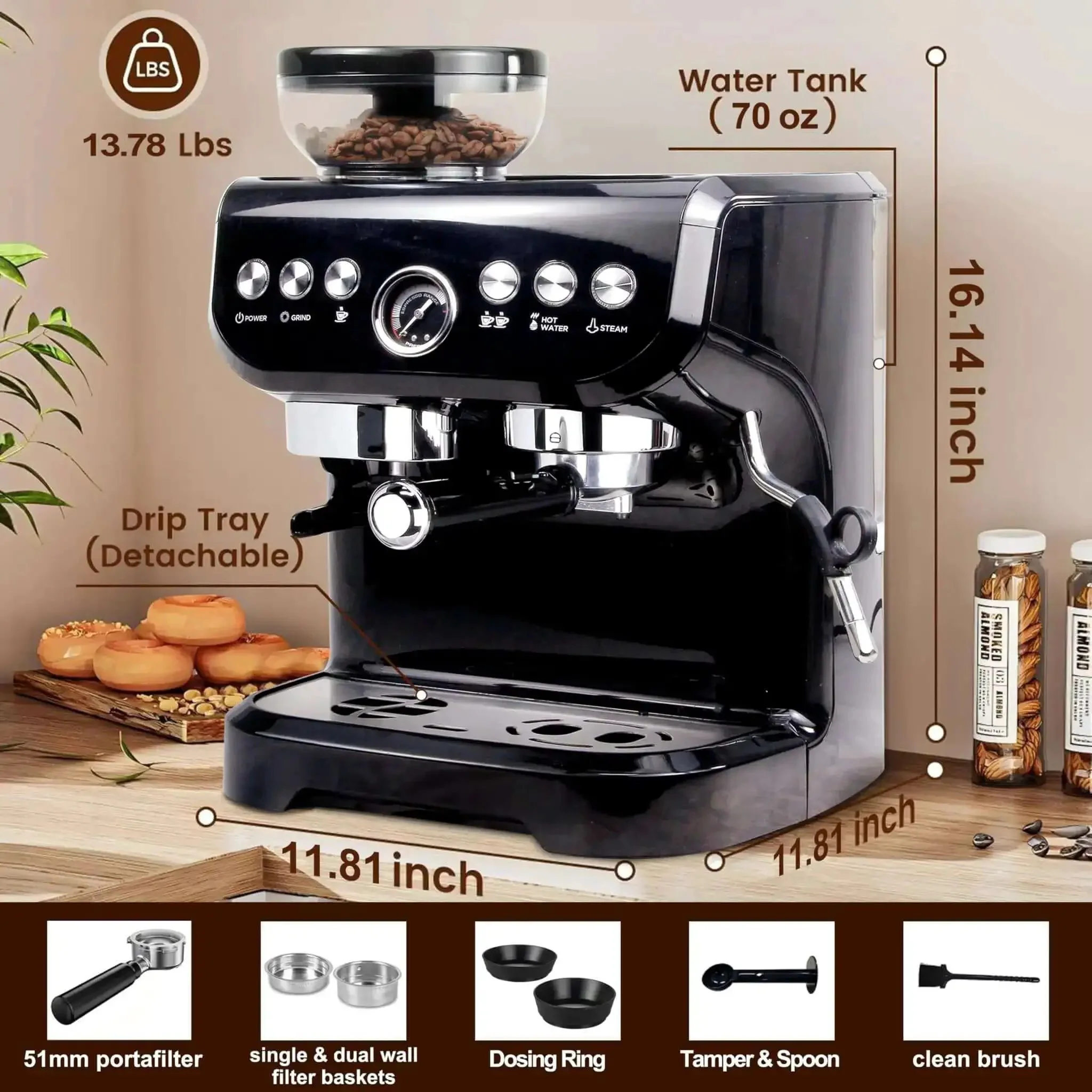 All-In-One Espresso Machine With 15 Bar Pressure, Built-In Bean Grinder, Milk Frother And Steam Wand, 70 Oz Removable Water Tank, Lightweight ABS Shell, Easy Home Barista-Style Coffee Maker For Lattes And Cappuccinos - Image 5