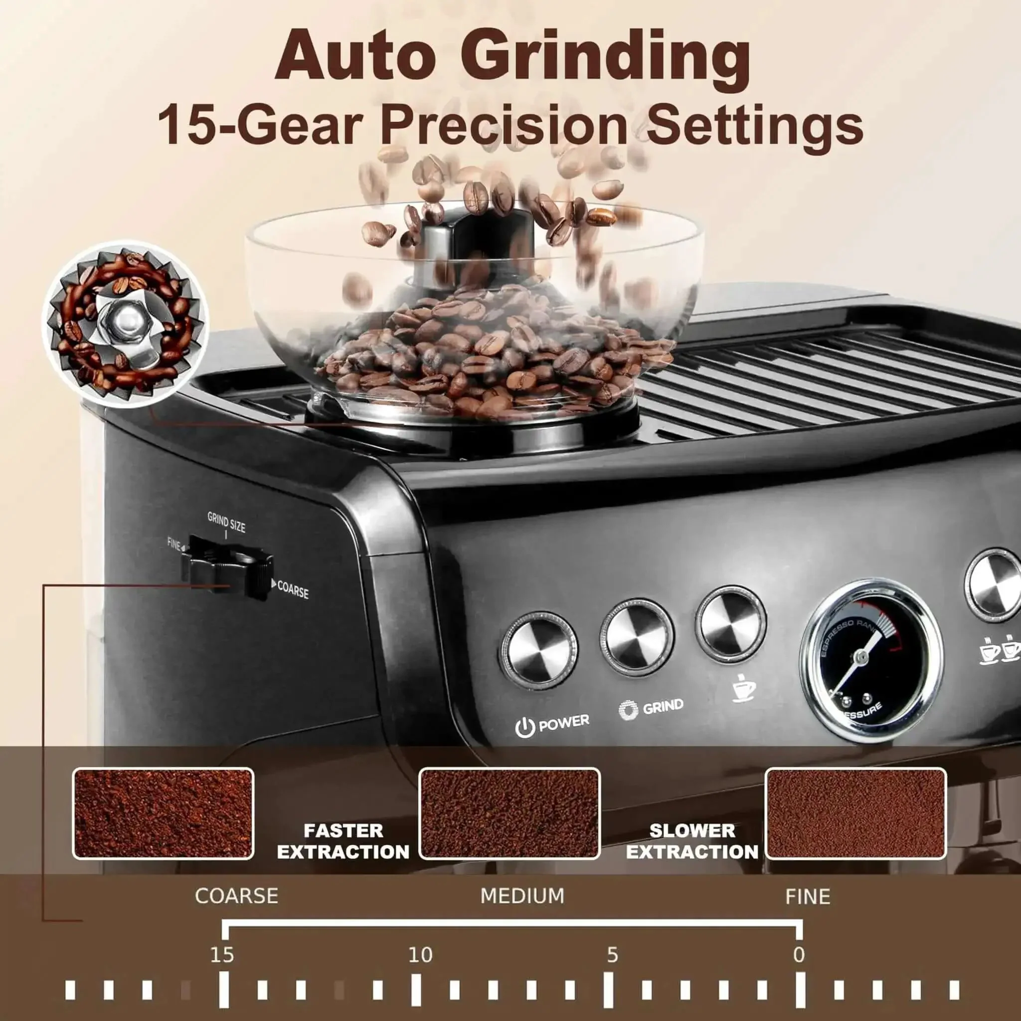 All-In-One Espresso Machine With 15 Bar Pressure, Built-In Bean Grinder, Milk Frother And Steam Wand, 70 Oz Removable Water Tank, Lightweight ABS Shell, Easy Home Barista-Style Coffee Maker For Lattes And Cappuccinos - Image 7