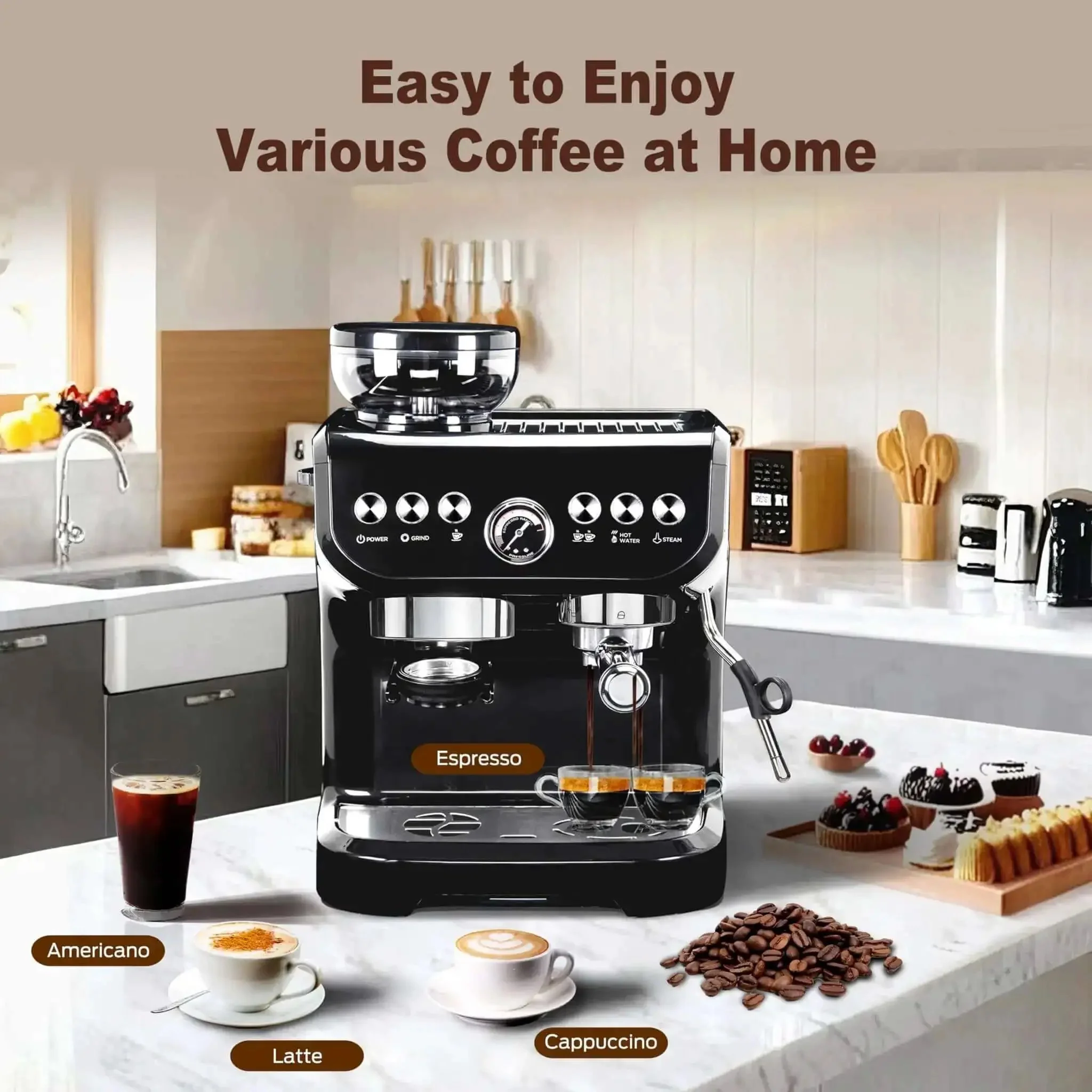 All-In-One Espresso Machine With 15 Bar Pressure, Built-In Bean Grinder, Milk Frother And Steam Wand, 70 Oz Removable Water Tank, Lightweight ABS Shell, Easy Home Barista-Style Coffee Maker For Lattes And Cappuccinos - Image 9