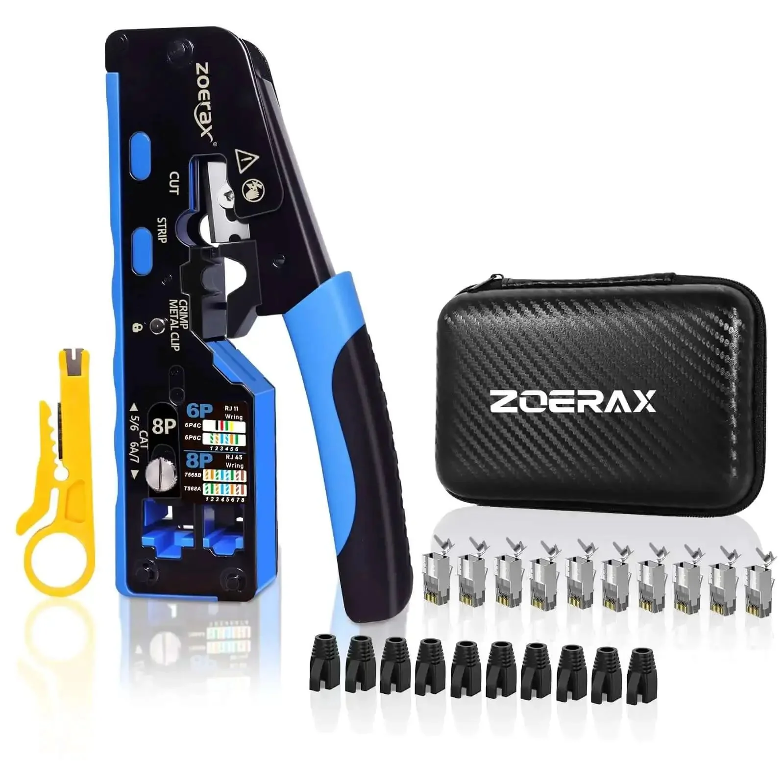 All In One Ethernet Crimping Tool Kit With Wire Stripper, 10 Cat7 RJ45 Pass-Through Connectors And 10 Boots, Durable Storage Case, Perfect For DIY Home Networking Installations And Cabling Projects