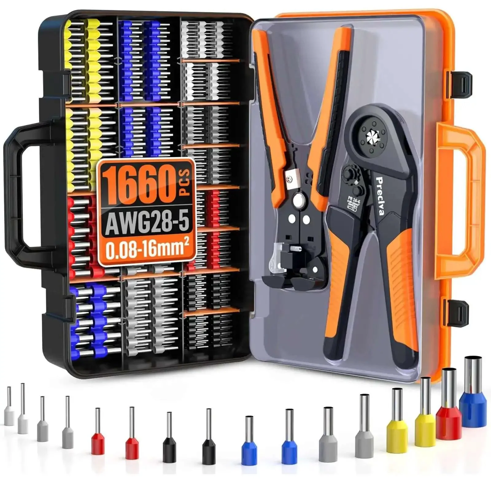 All In One Ferrule Crimping Tool Kit With Wire Stripper, Self Adjusting Ratchet Crimp Tool, 1660 Ferrules Connectors, AWG 28-5 Range (0.08-16mm²), Hexagonal Ferrule Crimper, Pro Grade Set In Sturdy Carry Case