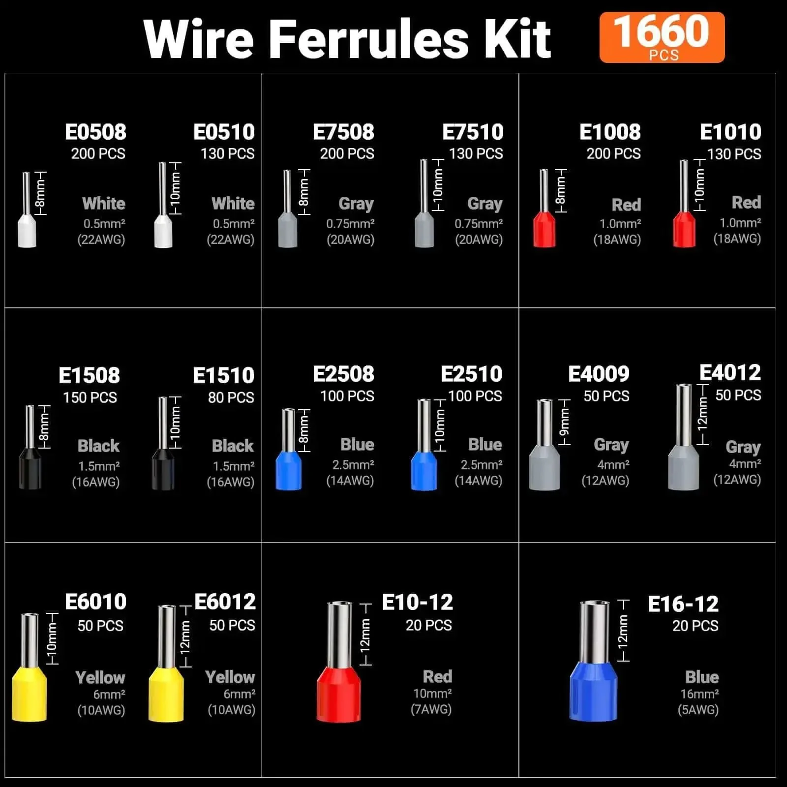All In One Ferrule Crimping Tool Kit With Wire Stripper, Self Adjusting Ratchet Crimp Tool, 1660 Ferrules Connectors, AWG 28-5 Range (0.08-16mm²), Hexagonal Ferrule Crimper, Pro Grade Set In Sturdy Carry Case - Image 4