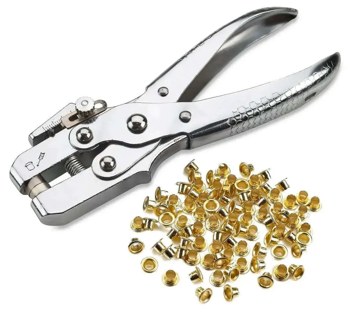All In One Grab And Go Eyelet Grommet Pliers Kit With 1 Hole Punch And 100 Gold Grommets For Leather Canvas Cloth Shoes Vinyl Sheet Metal Carbon Fiber Belts Bags And Crafts