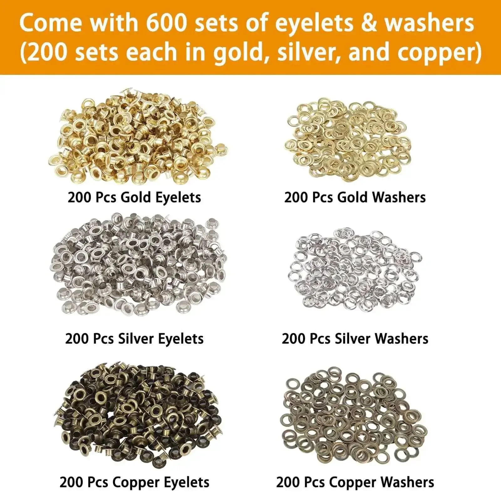 All-In-One Grommet Tool Kit With 1200 Metal Eyelets And Washers In Gold Silver Copper, One Quarter Inch Inside Diameter, Eyelet Pliers For Fabric Leather Shoes Belts And Crafts, Light-Duty DIY Friendly And Easy Install - Image 2