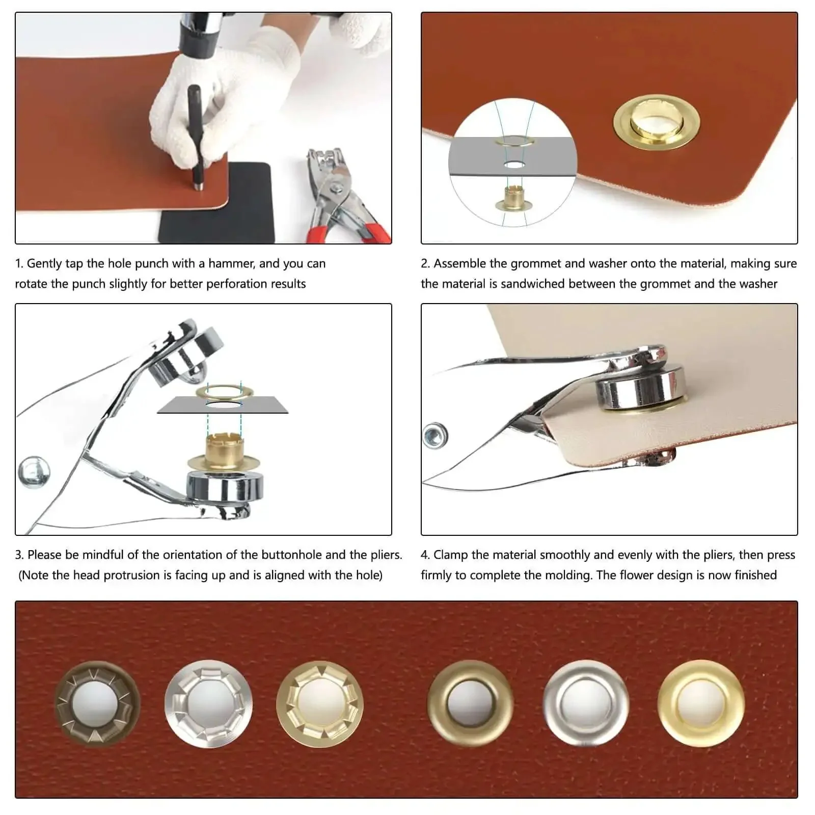 All-In-One Grommet Tool Kit With 1200 Metal Eyelets And Washers In Gold Silver Copper, One Quarter Inch Inside Diameter, Eyelet Pliers For Fabric Leather Shoes Belts And Crafts, Light-Duty DIY Friendly And Easy Install - Image 4