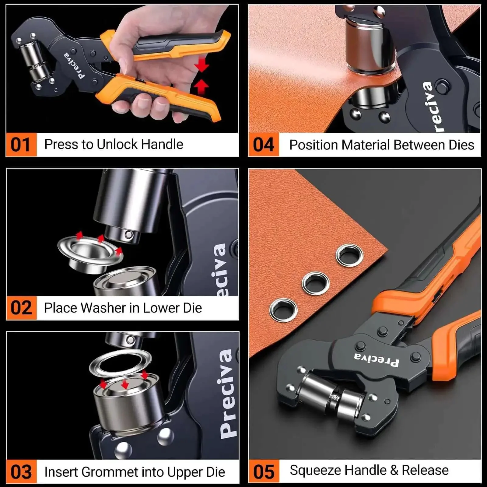 All In One Grommet Tool Kit With Four Jaw Sizes One Half Inch One Quarter Inch Five Sixteenths Inch Three Eighths Inch For Quick Change Eyelet Setting Includes 370 Grommets Handheld Pliers For Tarps Tents Canvas Vinyl Leather Craft Projects DIY Friendly - Image 5