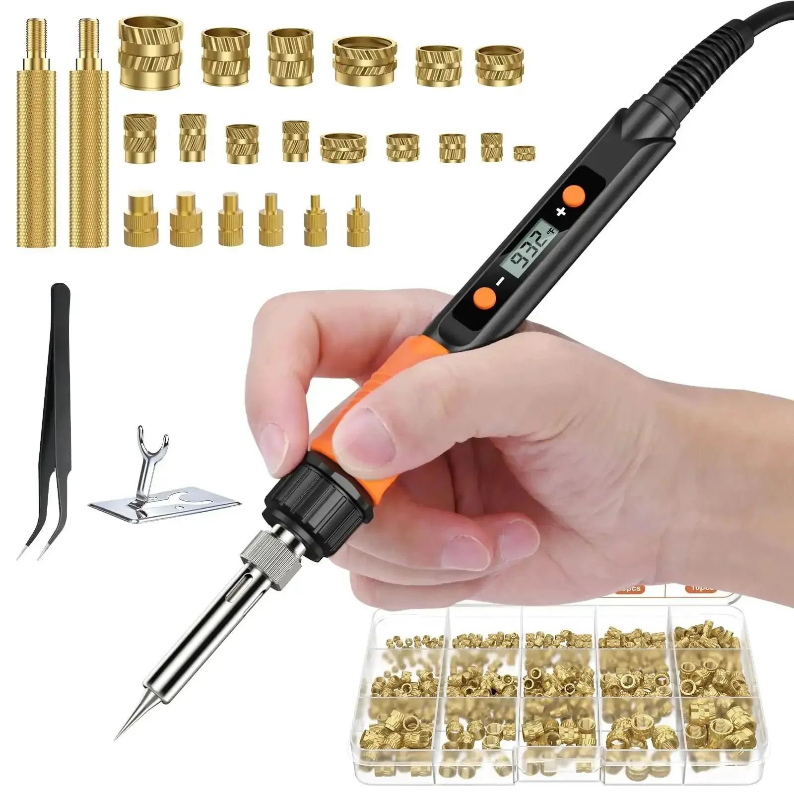 All In One Heat Set Threaded Inserts Kit With 300Pcs M2 M3 M4 M5 M6 M8 Inserts 100W Digital Soldering Iron Stand And Tweezers Great For 3D Printer Parts And Plastic Projects