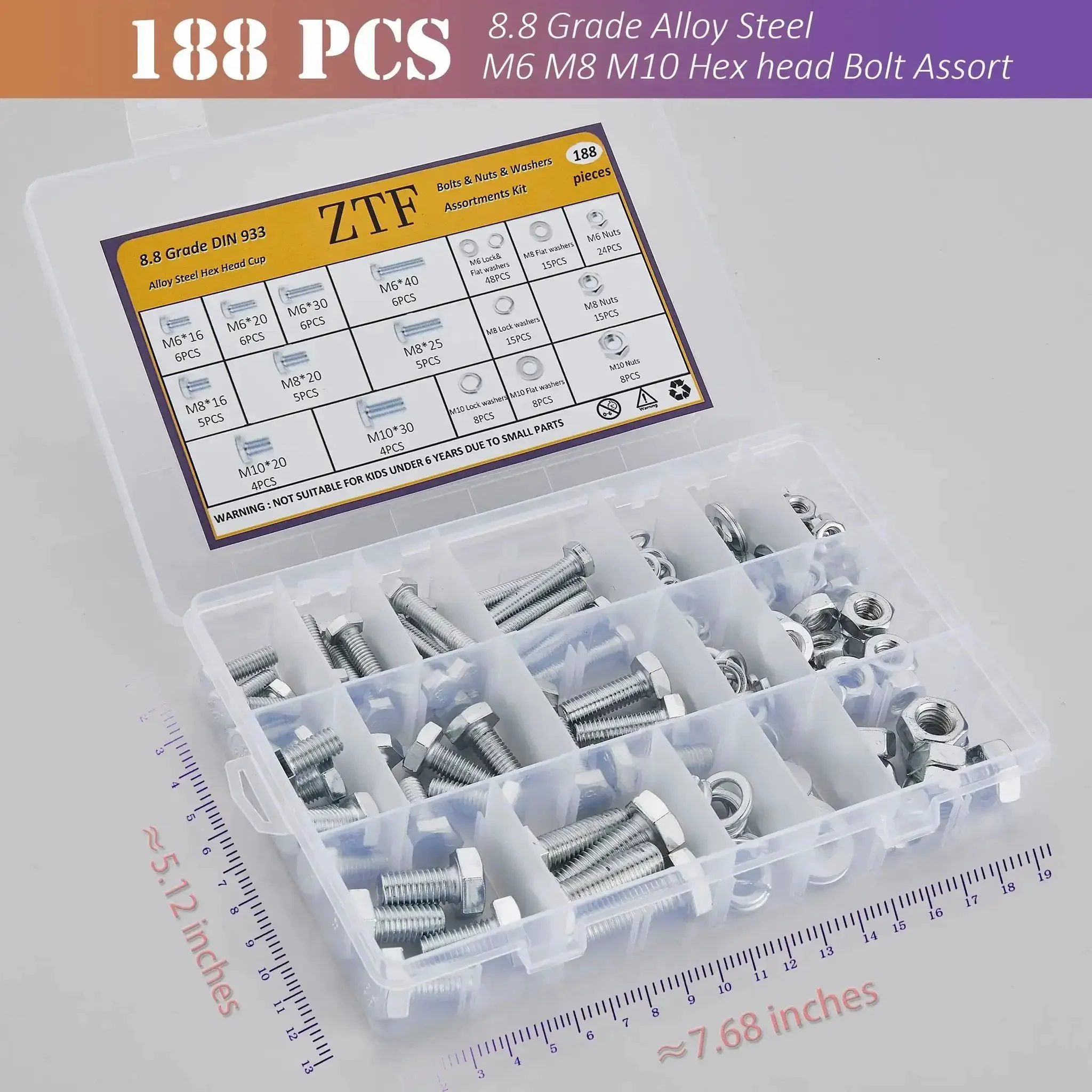 All In One Heavy Duty M6 M8 M10 Nuts Bolts Set With Washers Nine Most Common Sizes 188 Piece Hex Machine Screws Zinc Alloy Steel Grade Eight Eight Bulk Hardware Kit For Home Garage And Do It Yourself Projects - Image 4