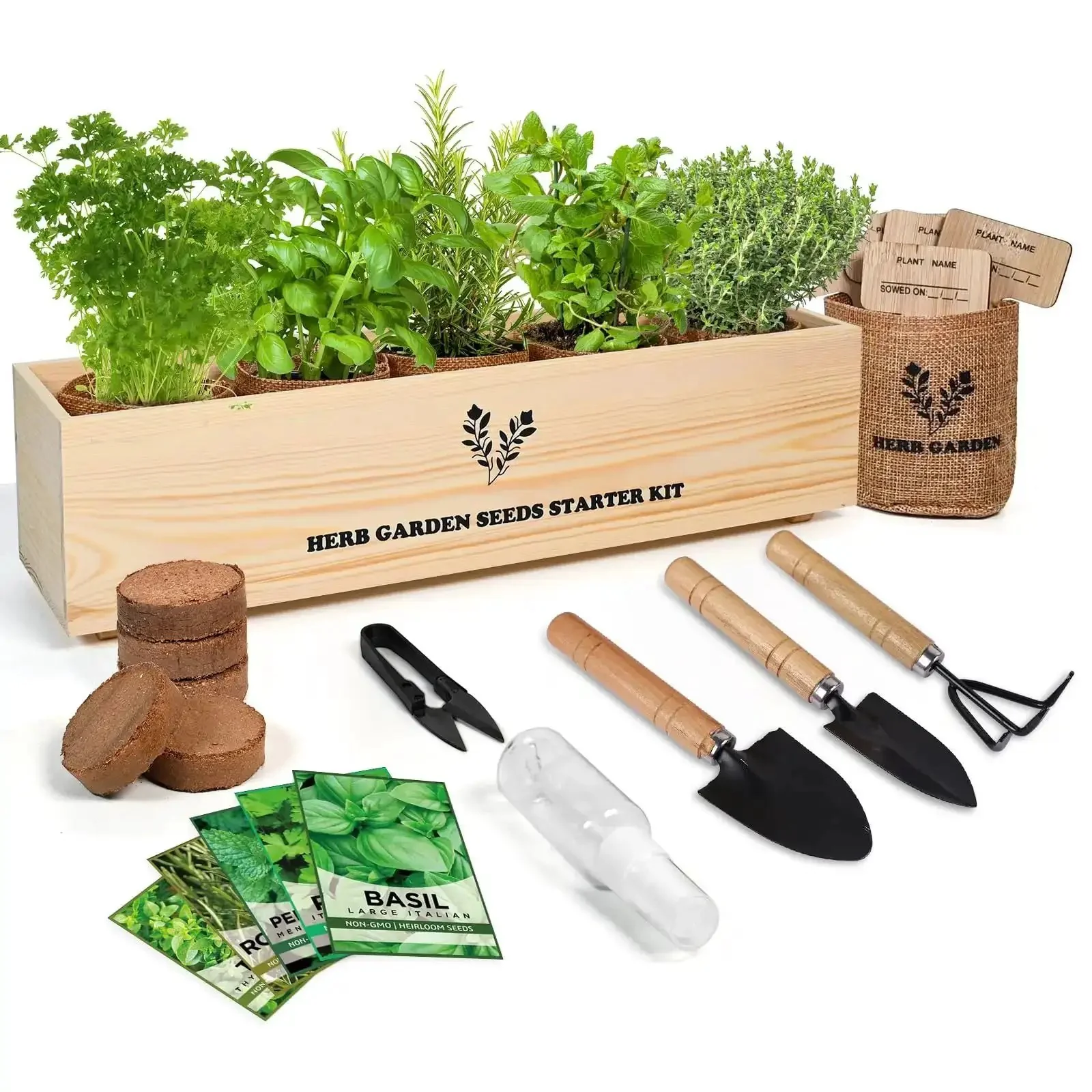 All In One Kitchen Windowsill Herb Garden Starter Kit That Makes Growing Basil Parsley Rosemary Thyme Mint A Breeze With Five Seed Varieties Planter Box Bags Discs Markers Tools Pruner Water Bottle And Easy DIY Guide