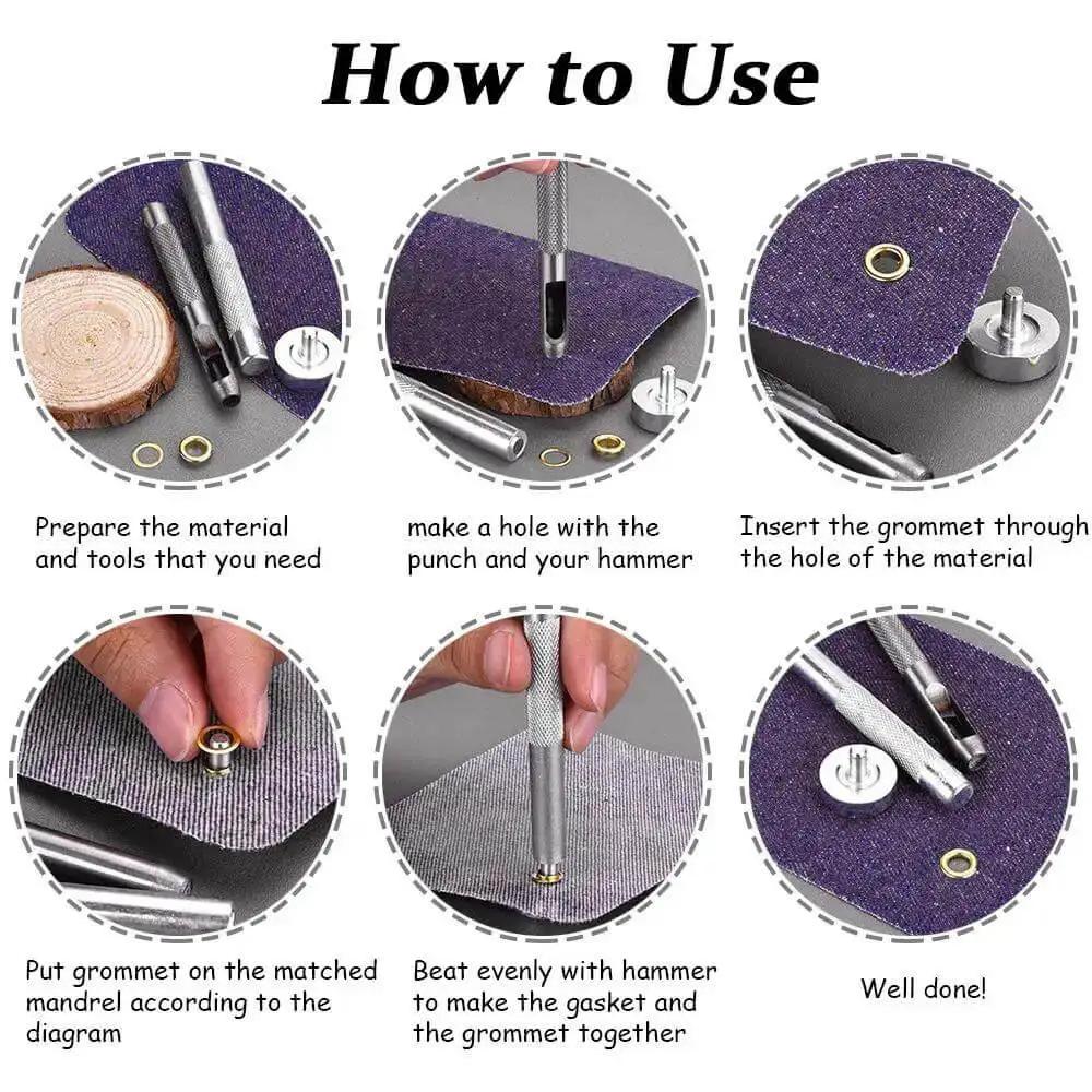 All In One Leather Grommet Kit 6mm Quarter Inch With 200 Eyelets In Gold Black Silver Bronze Includes 3 Grommet Tools Base Punch And Install Tool For Canvas Belts Bags Shoes Clothes And Crafts DIYers - Image 3