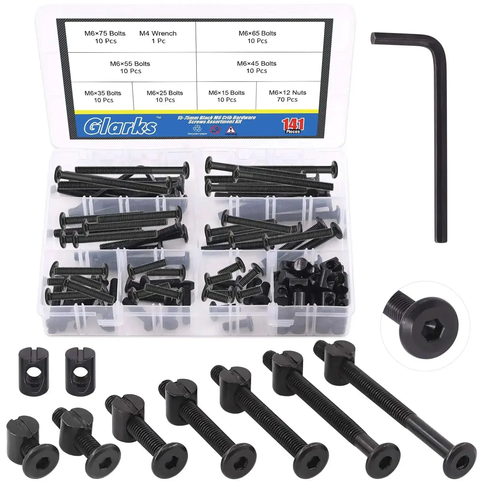 All-In-One M6 Hex Socket Cap Screws And Barrel Nuts Replacement Kit For Cribs, Chairs, Tables, Cabinets And Furniture, 141-Piece Set With 15mm, 25mm, 35mm, 45mm, 55mm, 65mm, 75mm Screws And 70 Barrel Nuts