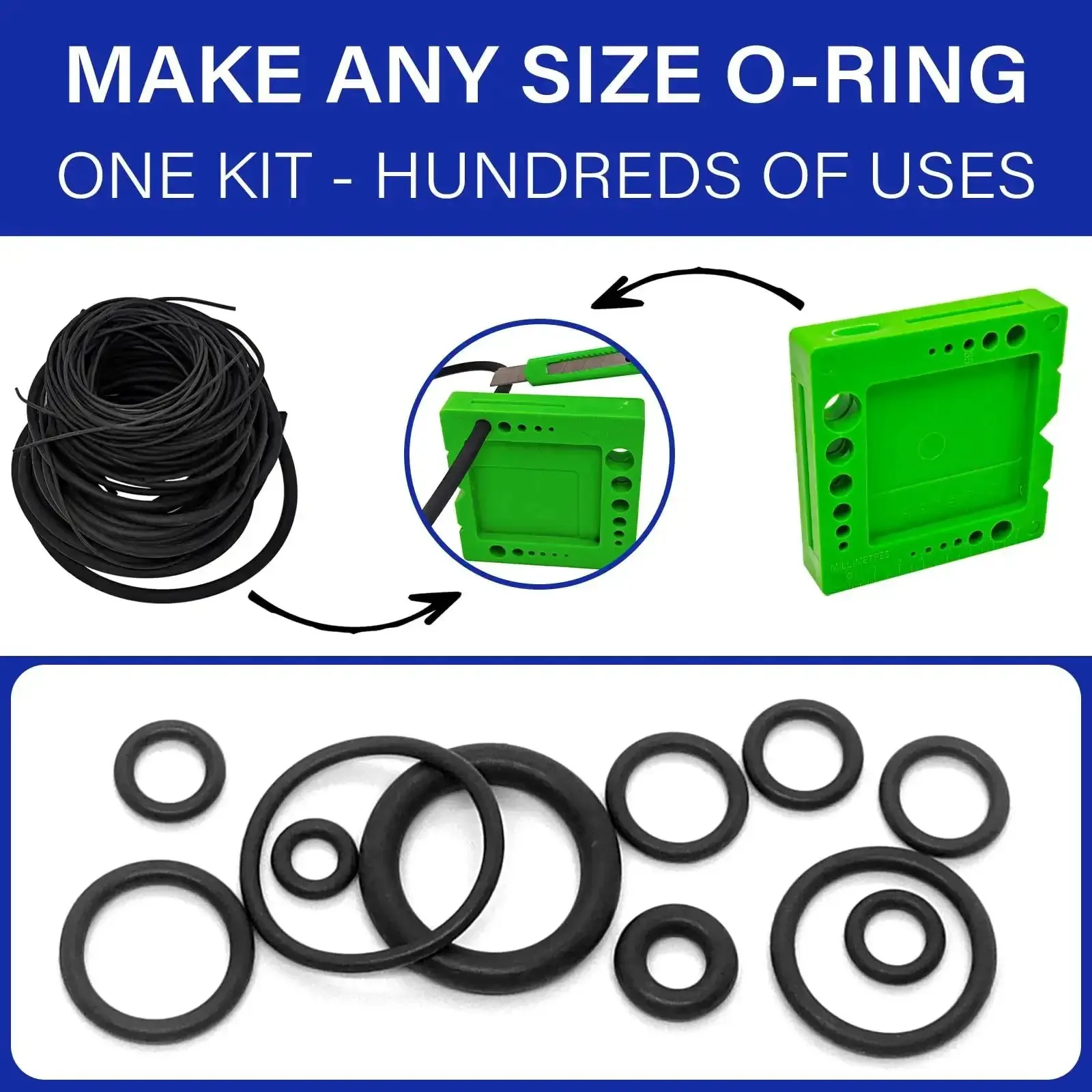 All In One O Ring Splicing Kit With 70A Nitrile Black O Rings, SAE And Metric Sizes From 1/16 To 1/4 And 1.5mm To 6mm, Includes Cutting Tool, Knife, Measuring Tape, Glue Bottles, And Sturdy Storage Box - Image 4