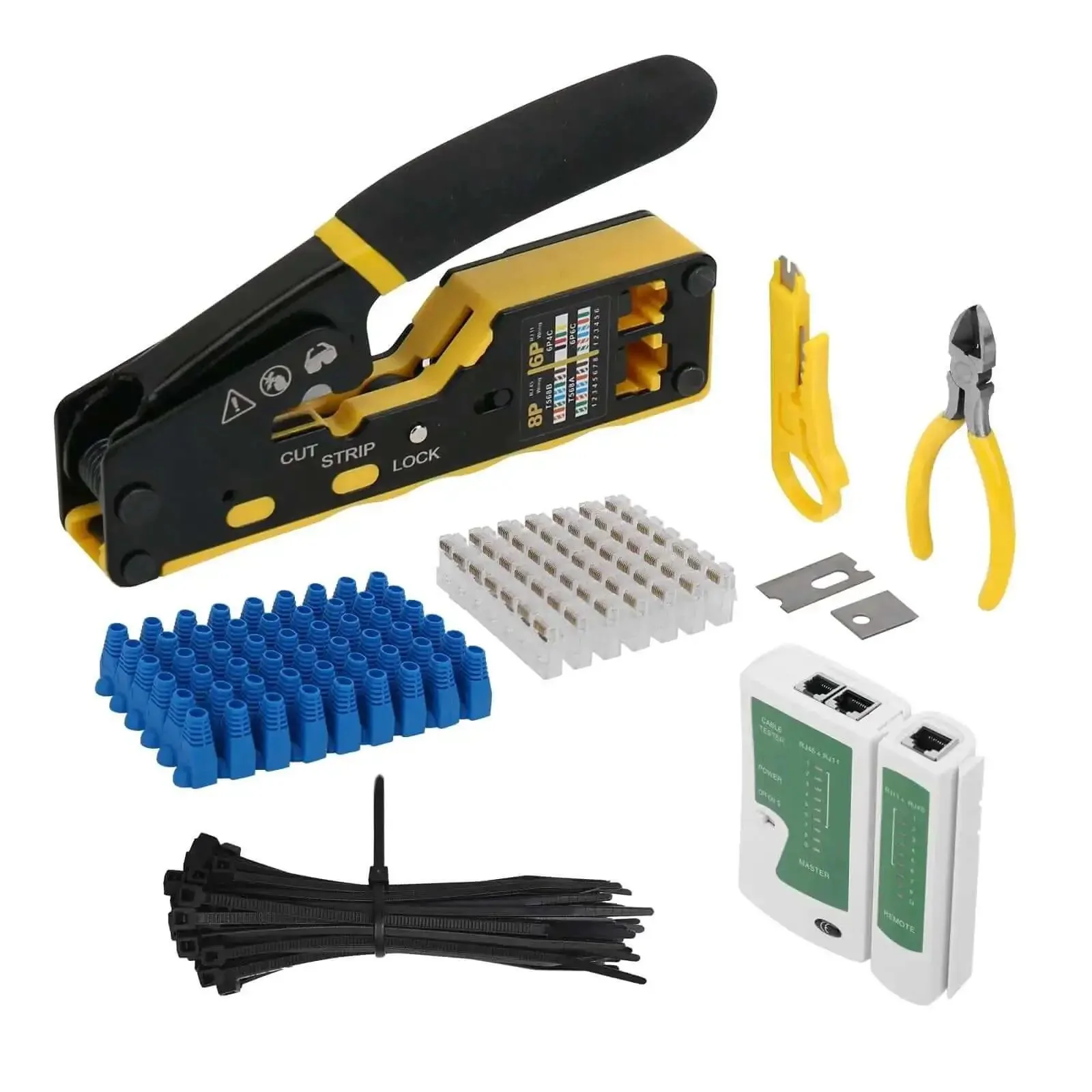 All In One Pass Through RJ45 Crimper Kit With Cable Tester And Stripper For Cat5 To Cat6a, RJ11 RJ12 Connectors Pro Grade Ethernet Crimping Tool Set Includes Blades