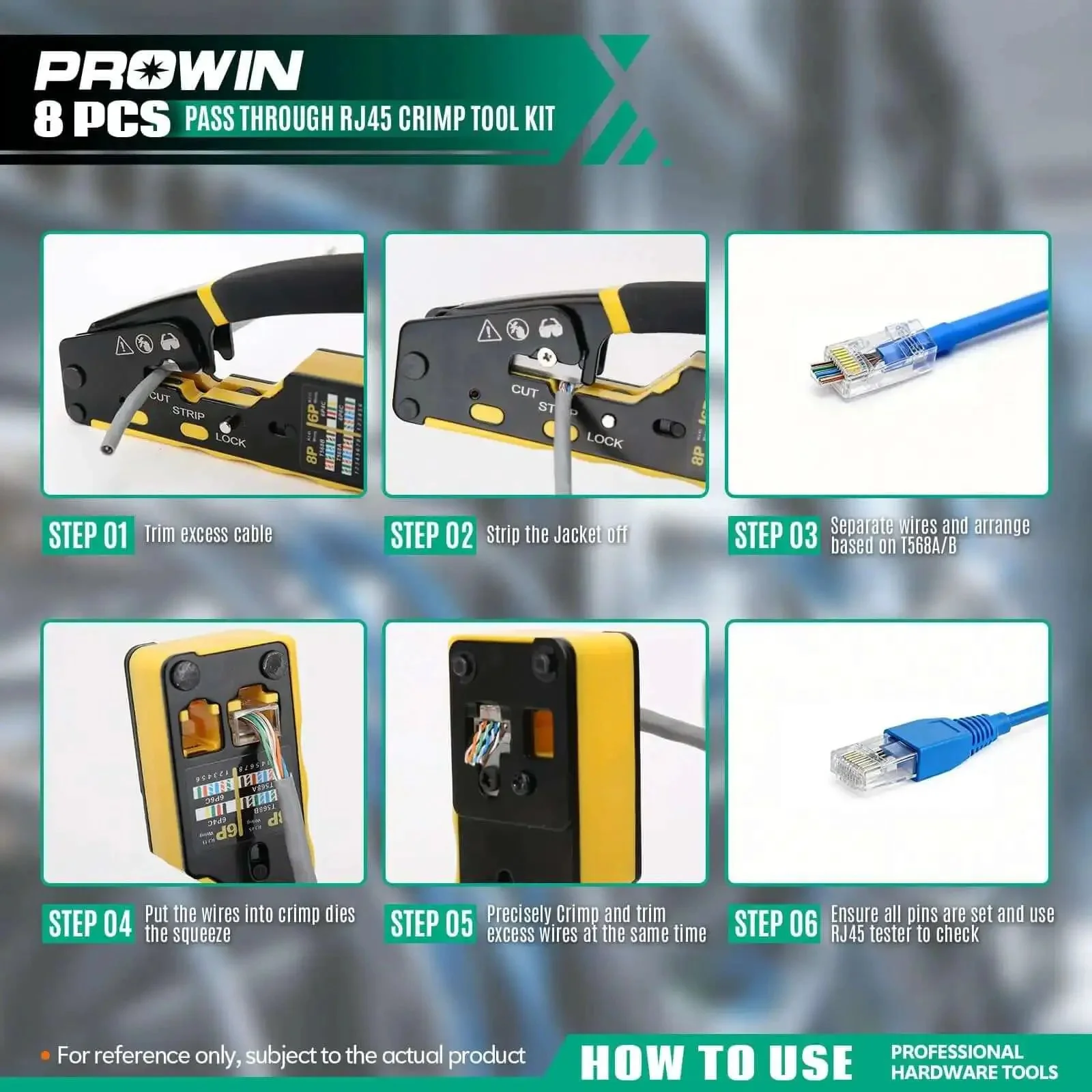 All In One Pass Through RJ45 Crimper Kit With Cable Tester And Stripper For Cat5 To Cat6a, RJ11 RJ12 Connectors Pro Grade Ethernet Crimping Tool Set Includes Blades - Image 3