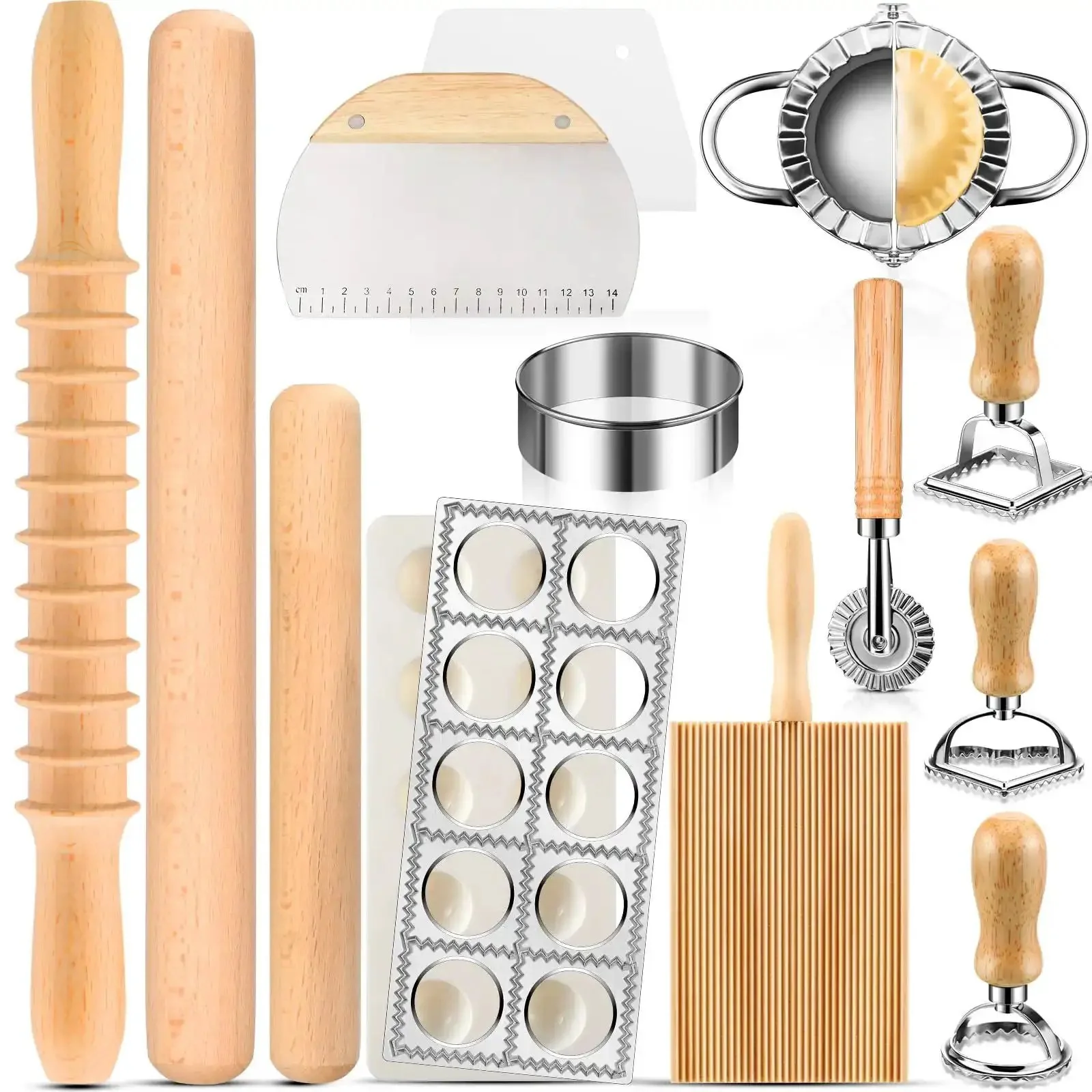 All In One Pasta Making Tools Set For Home Cooks, 14 Piece Ravioli Mold Kit With Wooden Handle, Roller Wheel Cutter, And Ravioli Press Mold, Perfect For Beginners To Create Fresh Restaurant Quality Pasta