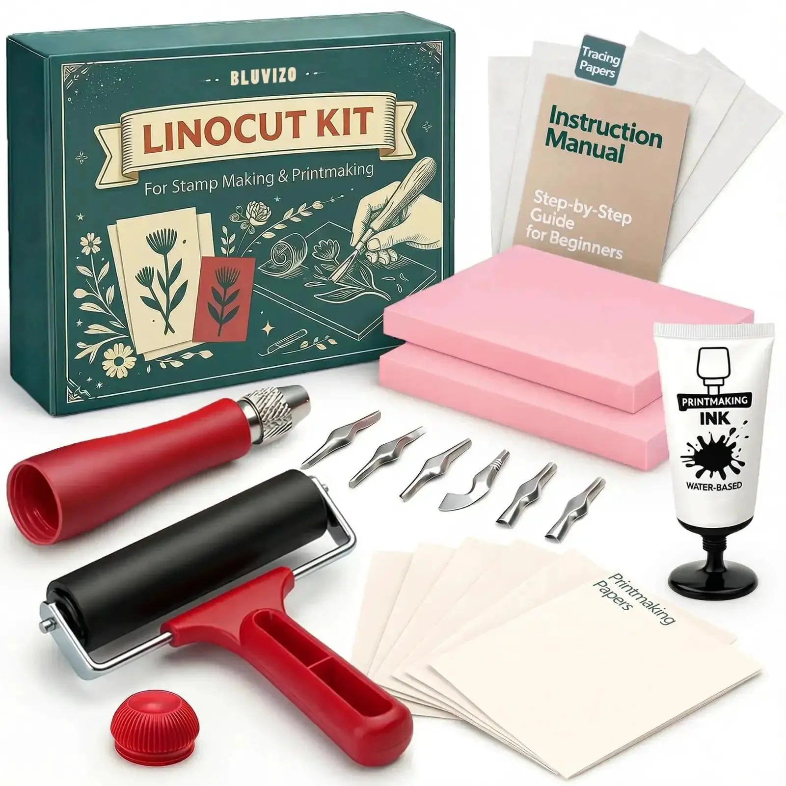 All In One Printmaking And Stamp Making Kit For Beginners With Linoleum Blocks Ink Brayer Transfer Papers Guide And 10 Printmaking Papers Perfect DIY Gift For Adults And Kids
