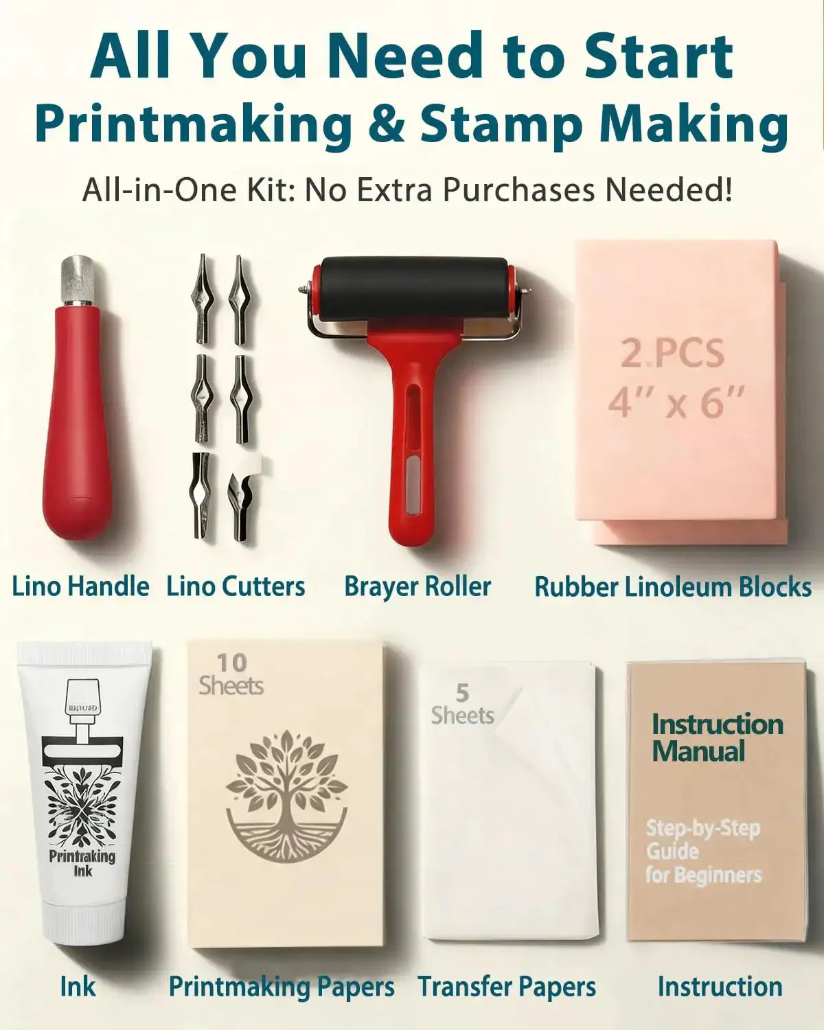 All In One Printmaking And Stamp Making Kit For Beginners With Linoleum Blocks Ink Brayer Transfer Papers Guide And 10 Printmaking Papers Perfect DIY Gift For Adults And Kids - Image 8