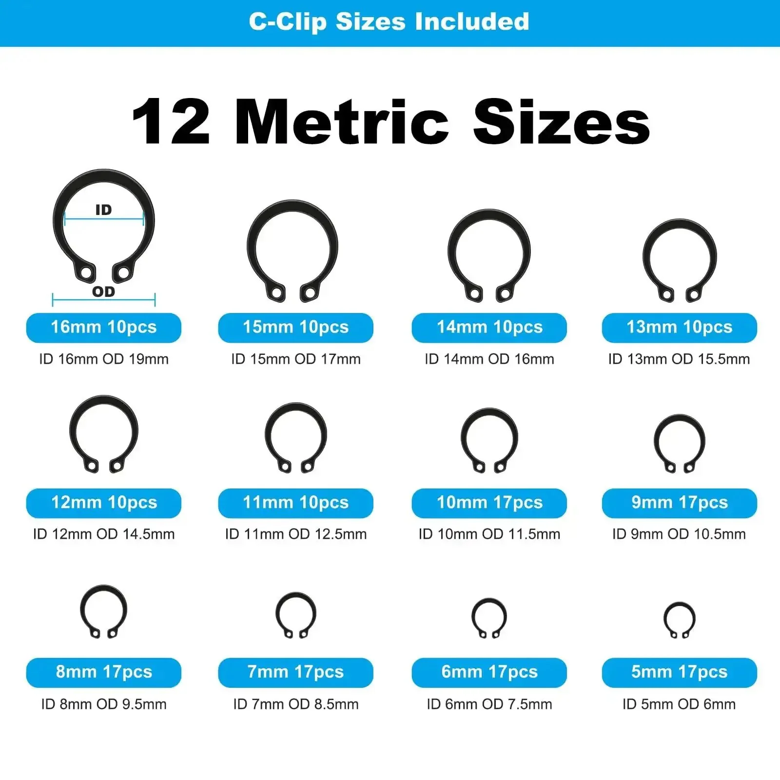 All-In-One Pro-Grade 324Pcs C Clips And E Clips Kit With 24 Sizes From 2Mm To 16Mm Black Carbon Steel External Snap Rings Retaining Rings For Shafts Bearings Machinery And Automotive Repair - Image 5
