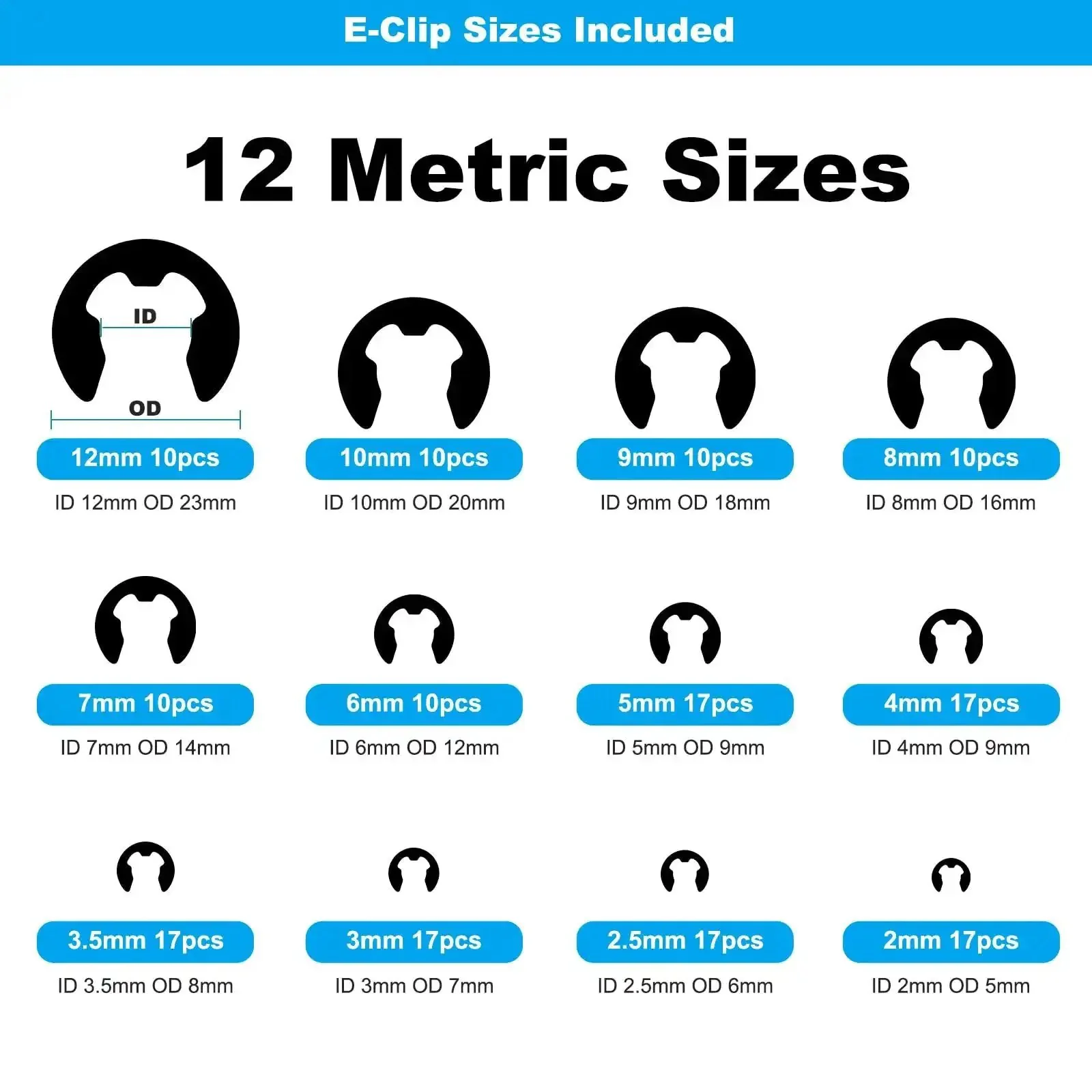 All-In-One Pro-Grade 324Pcs C Clips And E Clips Kit With 24 Sizes From 2Mm To 16Mm Black Carbon Steel External Snap Rings Retaining Rings For Shafts Bearings Machinery And Automotive Repair - Image 6