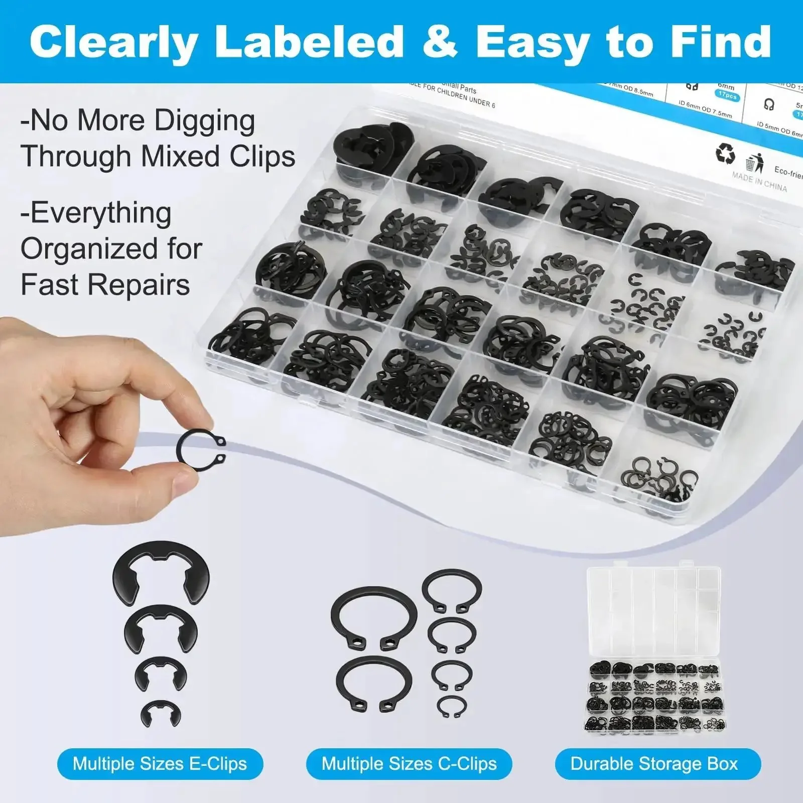 All-In-One Pro-Grade 324Pcs C Clips And E Clips Kit With 24 Sizes From 2Mm To 16Mm Black Carbon Steel External Snap Rings Retaining Rings For Shafts Bearings Machinery And Automotive Repair - Image 7