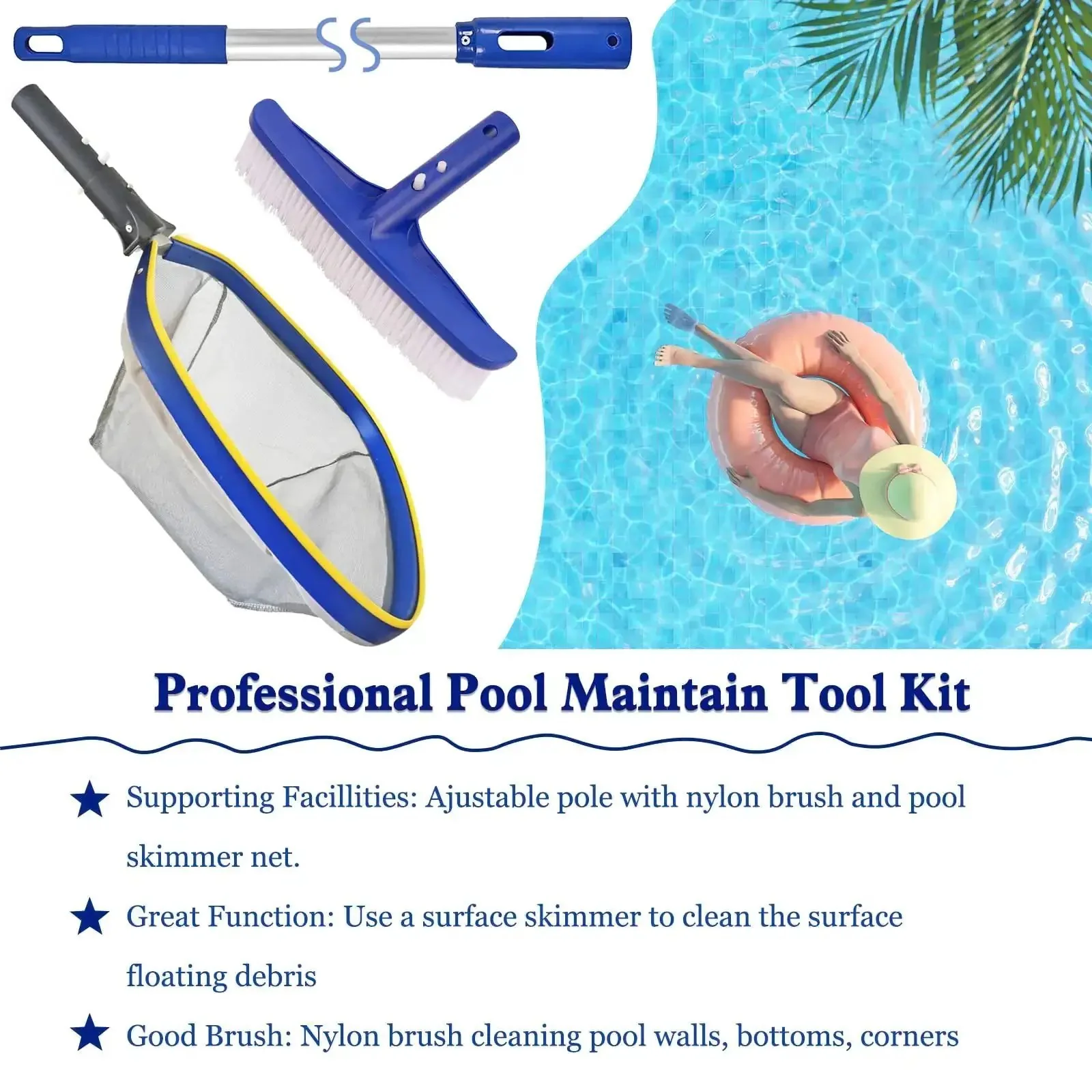 All In One Pro Grade Pool Cleaning Kit With 10 Inch Nylon Brush And 50 Inch Telescopic Aluminum Pole With Ultra Fine Mesh Skimmer Net For Above Ground Pools Spas Hot Tubs And Fountains Blue - Image 2