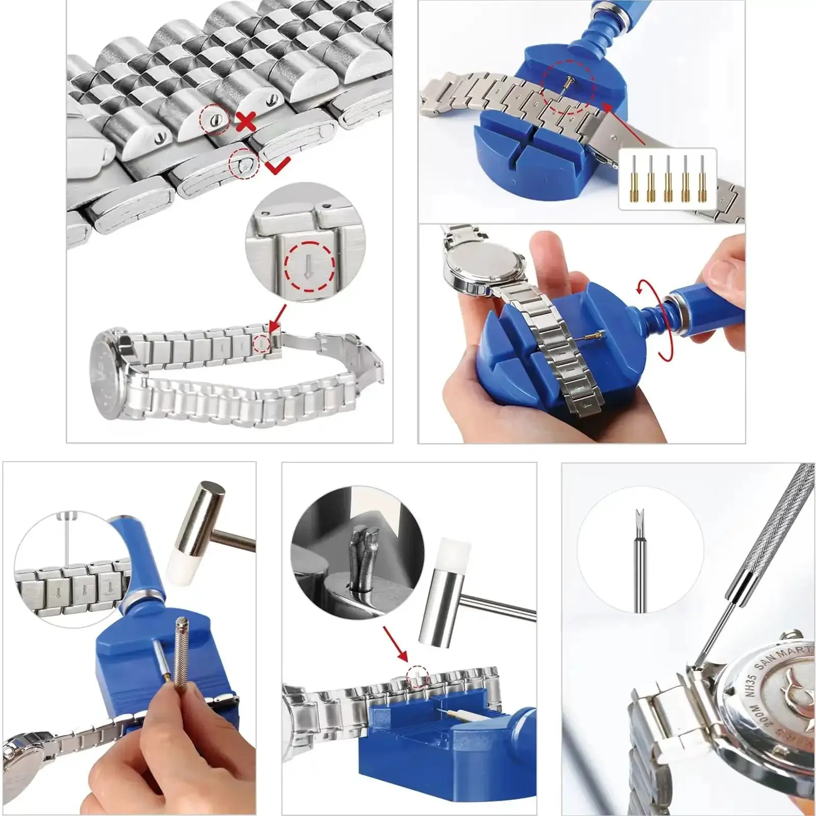 All In One Pro Grade Watch Repair Kit With Link Removal And Pin Removal Tools, Spring Bar Tool, Spare Pins, Bracelet Sizing Adjuster, Pin Punches And Hammer For Easy Band Resizing And Strap Replacement, Cleaning Cloth Included - Image 2