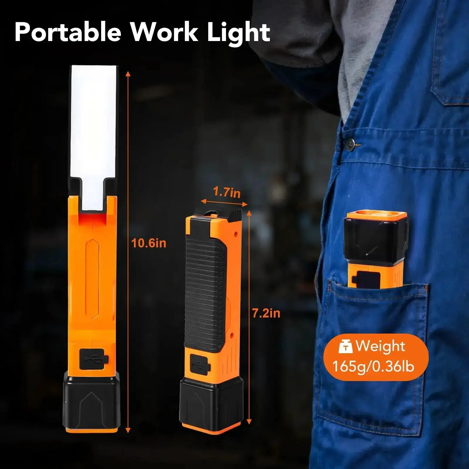 All In One Rechargeable Work Light With Dual COB Flood And LED Spotlight, 1800mAh Portable USB C Cable Powered Handheld Flashlight For Car Repair And Emergency, Seven Modes Including White LED, Red Light And Strobe - Image 6