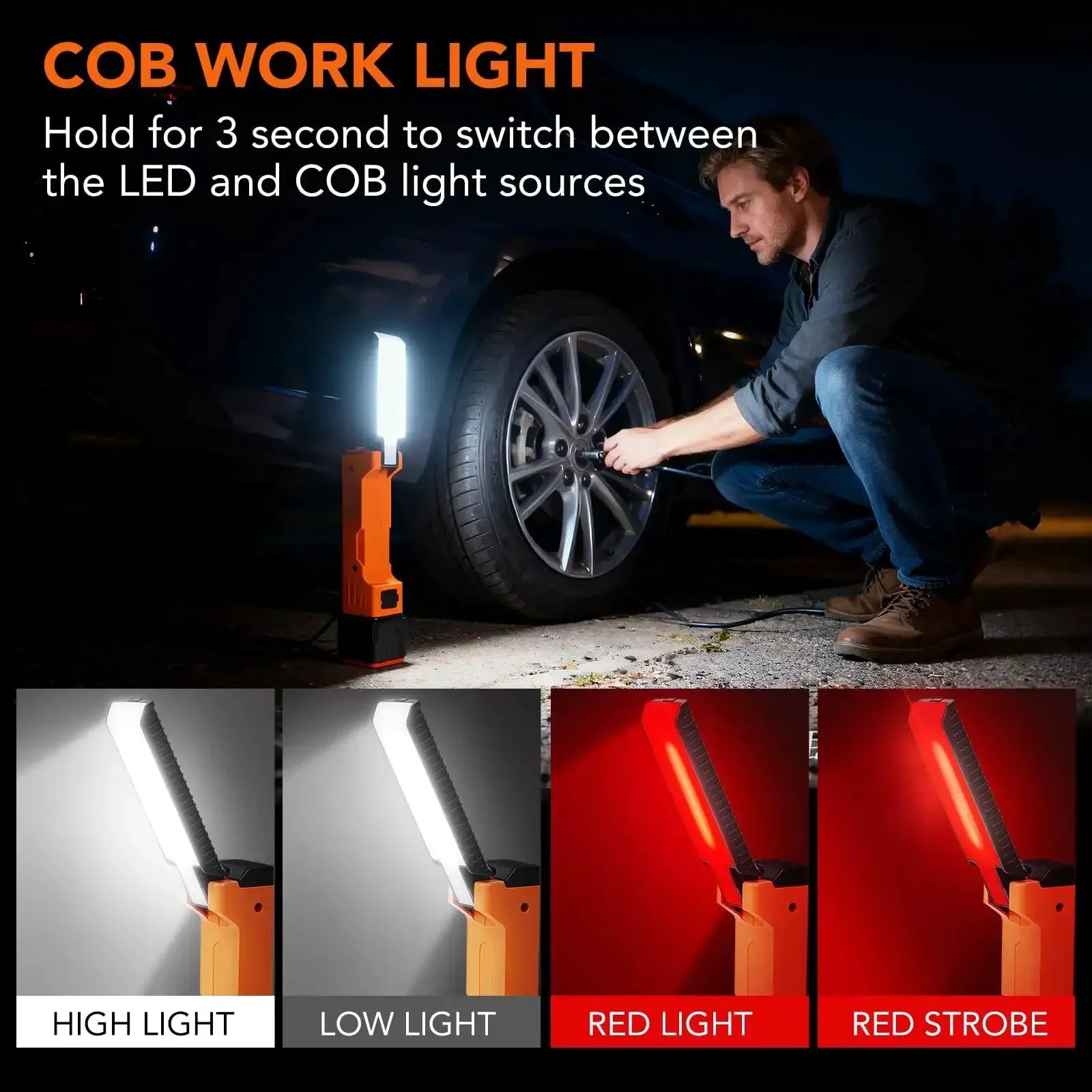 All In One Rechargeable Work Light With Dual COB Flood And LED Spotlight, 1800mAh Portable USB C Cable Powered Handheld Flashlight For Car Repair And Emergency, Seven Modes Including White LED, Red Light And Strobe - Image 8