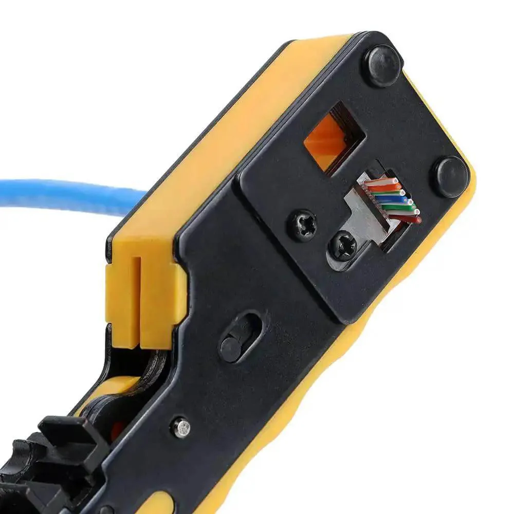 All In One RJ45 Pass Through Crimp Tool For Cat5e Cat6 Cat6a Data Cables Built In Wire Stripper And Cutter Includes 20 Replacement Blades Pro Grade For STP And UTP Cabling Yellow - Image 3