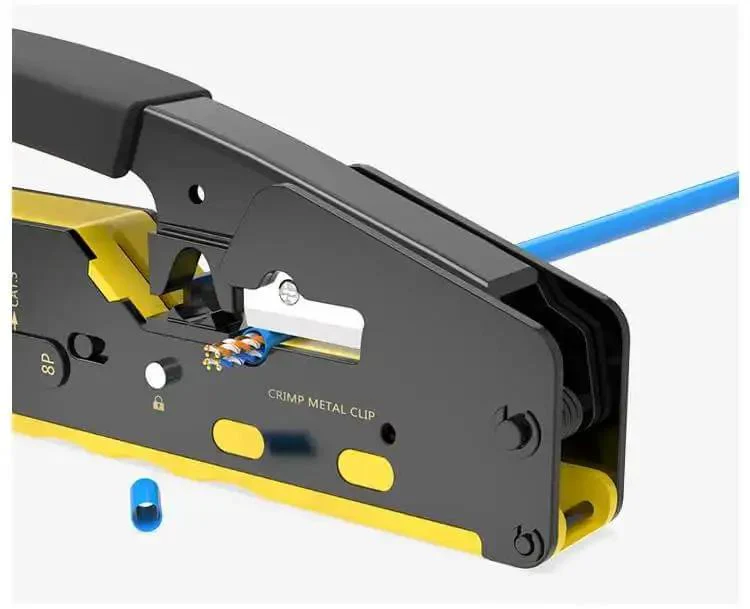 All In One RJ45 Pass Through Crimp Tool For Cat5e Cat6 Cat6a Data Cables Built In Wire Stripper And Cutter Includes 20 Replacement Blades Pro Grade For STP And UTP Cabling Yellow - Image 4