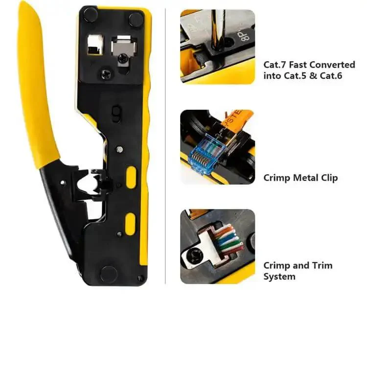 All In One RJ45 Pass Through Crimp Tool For Cat5e Cat6 Cat6a Data Cables Built In Wire Stripper And Cutter Includes 20 Replacement Blades Pro Grade For STP And UTP Cabling Yellow - Image 5