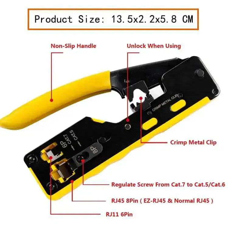 All In One RJ45 Pass Through Crimp Tool For Cat5e Cat6 Cat6a Data Cables Built In Wire Stripper And Cutter Includes 20 Replacement Blades Pro Grade For STP And UTP Cabling Yellow - Image 7