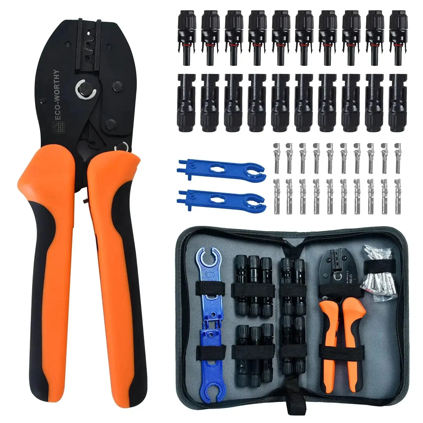 All-In-One Solar Crimp Tool Kit 13 Piece Set For Panel Wiring And Installation, Includes 1 Wire Crimper, 10 Solar Connectors, 2 Connector Spanners, And A Durable Zipper Case For Easy Transport