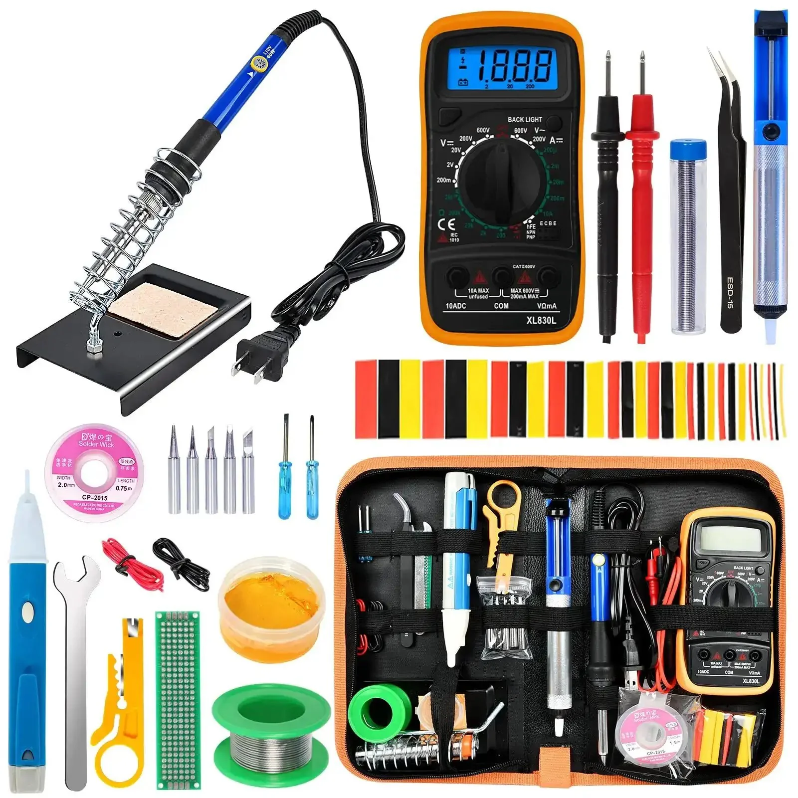 All In One Soldering Gear Kit With 60W Adjustable Temp And Digital Multimeter, Includes Five Tips, Desolder Pump, Wick, Tweezers, Stand, Wire, Heat Shrink Tubing, Carry Case, Cutter And More For DIY Electronics Projects