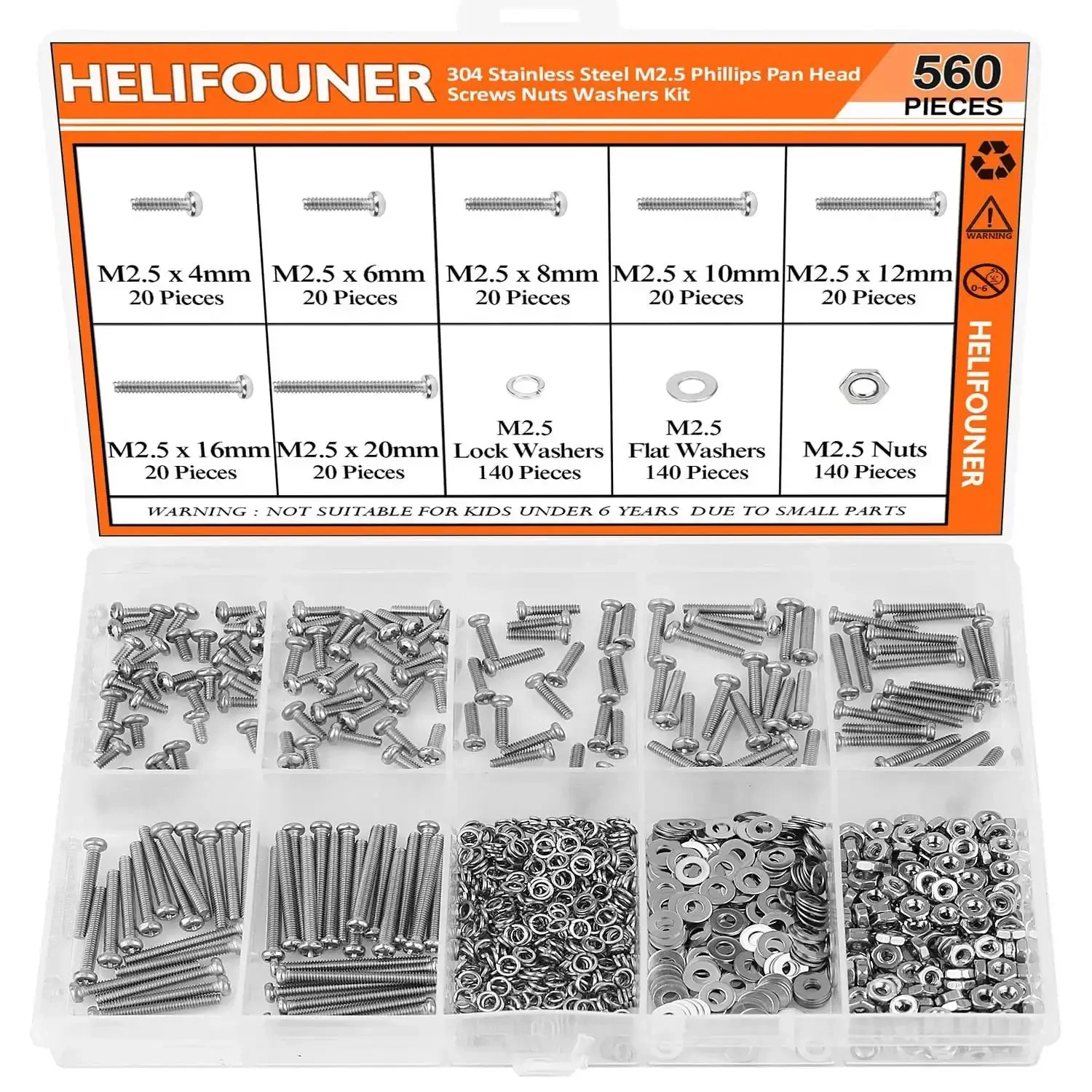 All In One Stainless Steel M2.5 Machine Screw Kit With Phillips Pan Head, 7 Sizes From 4mm To 20mm, Includes Hex Nuts, Lock Washers And Flat Washers, 304 Stainless, 560 Pieces For Any DIY Project