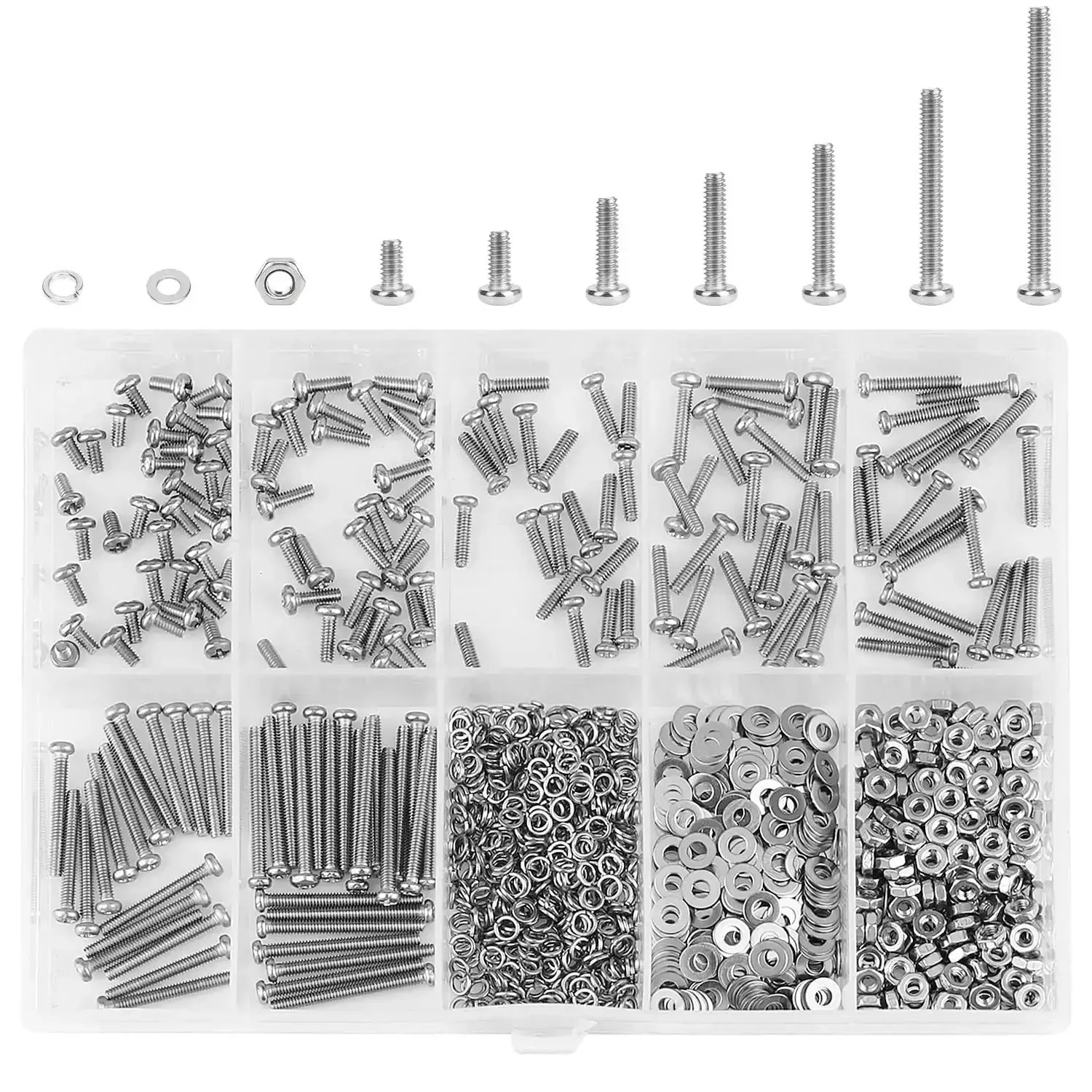 All In One Stainless Steel M2.5 Machine Screw Kit With Phillips Pan Head, 7 Sizes From 4mm To 20mm, Includes Hex Nuts, Lock Washers And Flat Washers, 304 Stainless, 560 Pieces For Any DIY Project - Image 3