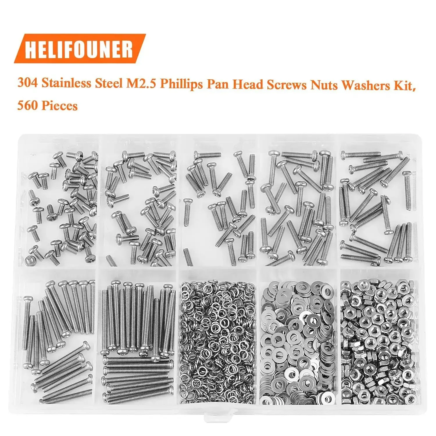 All In One Stainless Steel M2.5 Machine Screw Kit With Phillips Pan Head, 7 Sizes From 4mm To 20mm, Includes Hex Nuts, Lock Washers And Flat Washers, 304 Stainless, 560 Pieces For Any DIY Project - Image 5