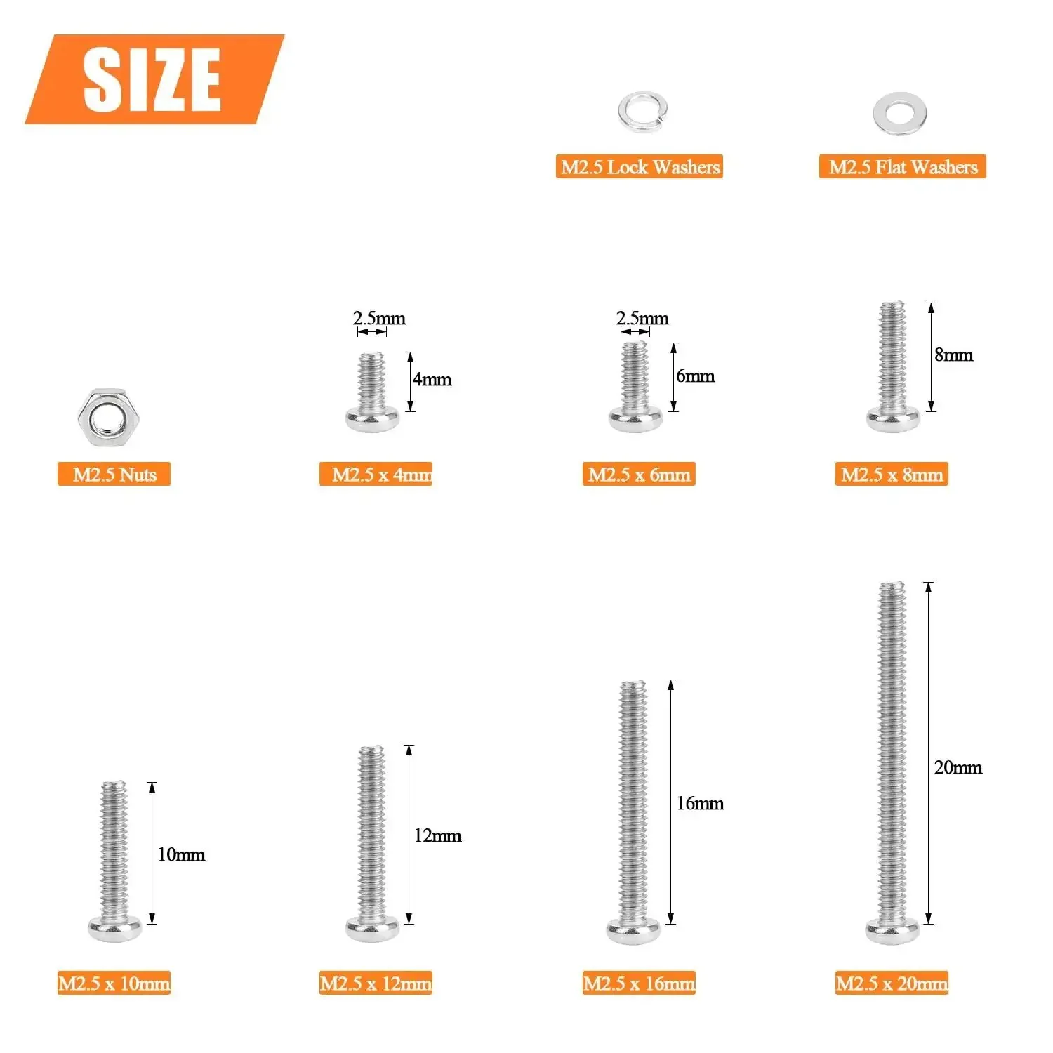 All In One Stainless Steel M2.5 Machine Screw Kit With Phillips Pan Head, 7 Sizes From 4mm To 20mm, Includes Hex Nuts, Lock Washers And Flat Washers, 304 Stainless, 560 Pieces For Any DIY Project - Image 7