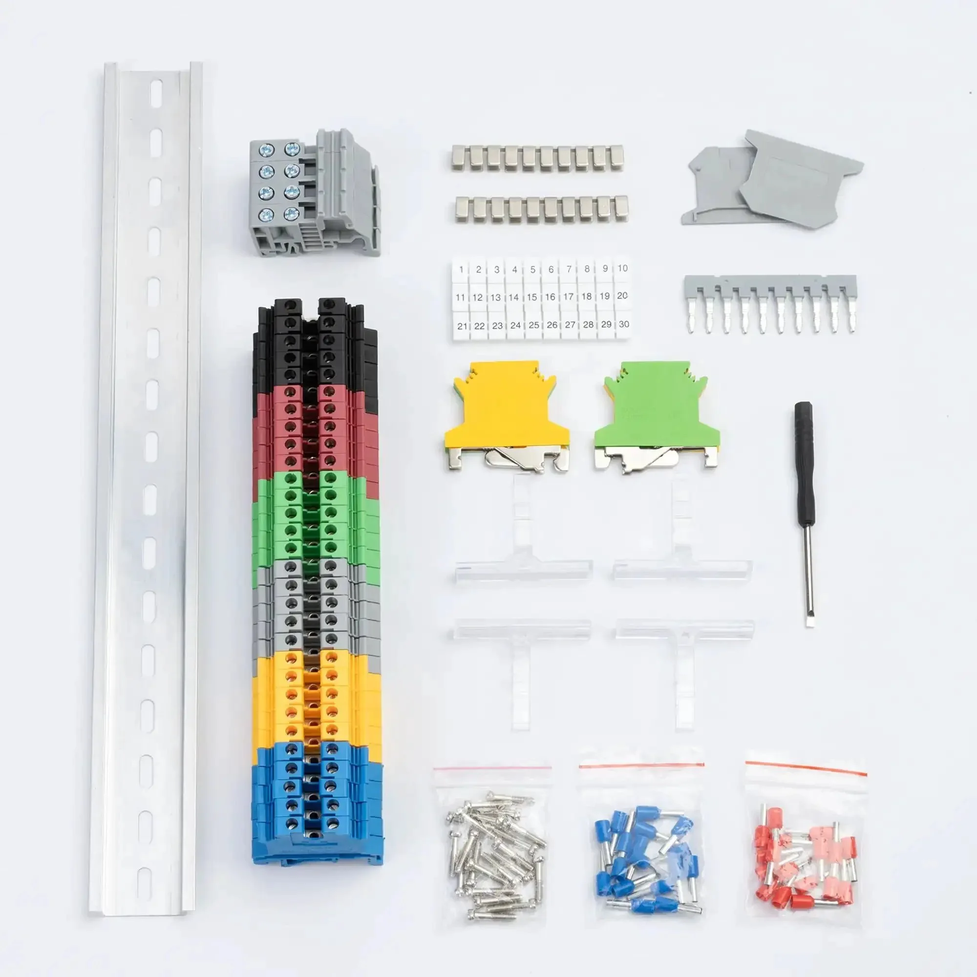 All-In-One Terminal Blocks Kit for DIY and Pro-Grade Projects, 30-Piece 32A 690V Screw Terminal System With Aluminum Rail, Jumpers, End Covers, Ground Blocks, And Multi-Color Blocks