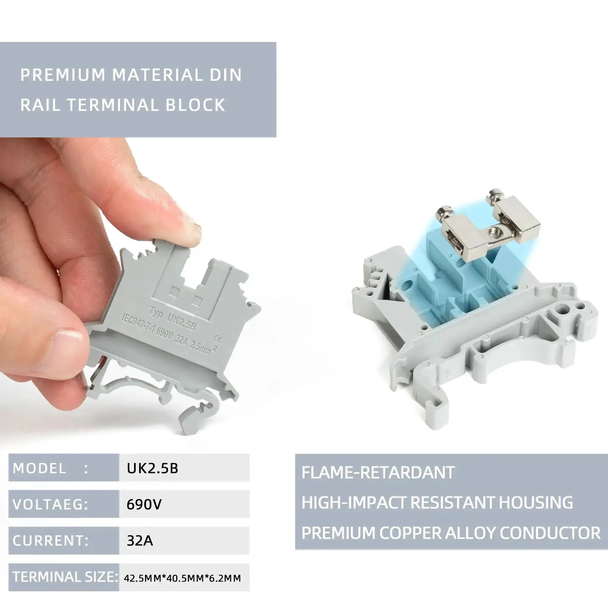 All-In-One Terminal Blocks Kit for DIY and Pro-Grade Projects, 30-Piece 32A 690V Screw Terminal System With Aluminum Rail, Jumpers, End Covers, Ground Blocks, And Multi-Color Blocks - Image 6