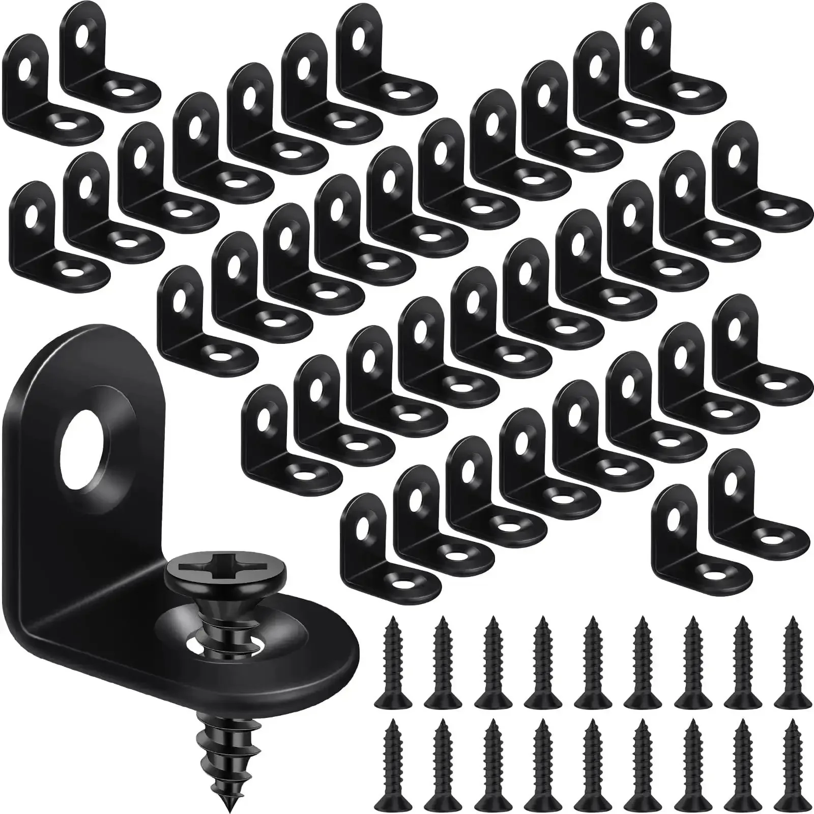 All In One Value Kit With 40 Black L Brackets And 80 Screws Stainless Steel 90 Degree Right Angle Corner Braces For Shelves Cabinets And Furniture Easy DIY Install No Trips To The Hardware Store