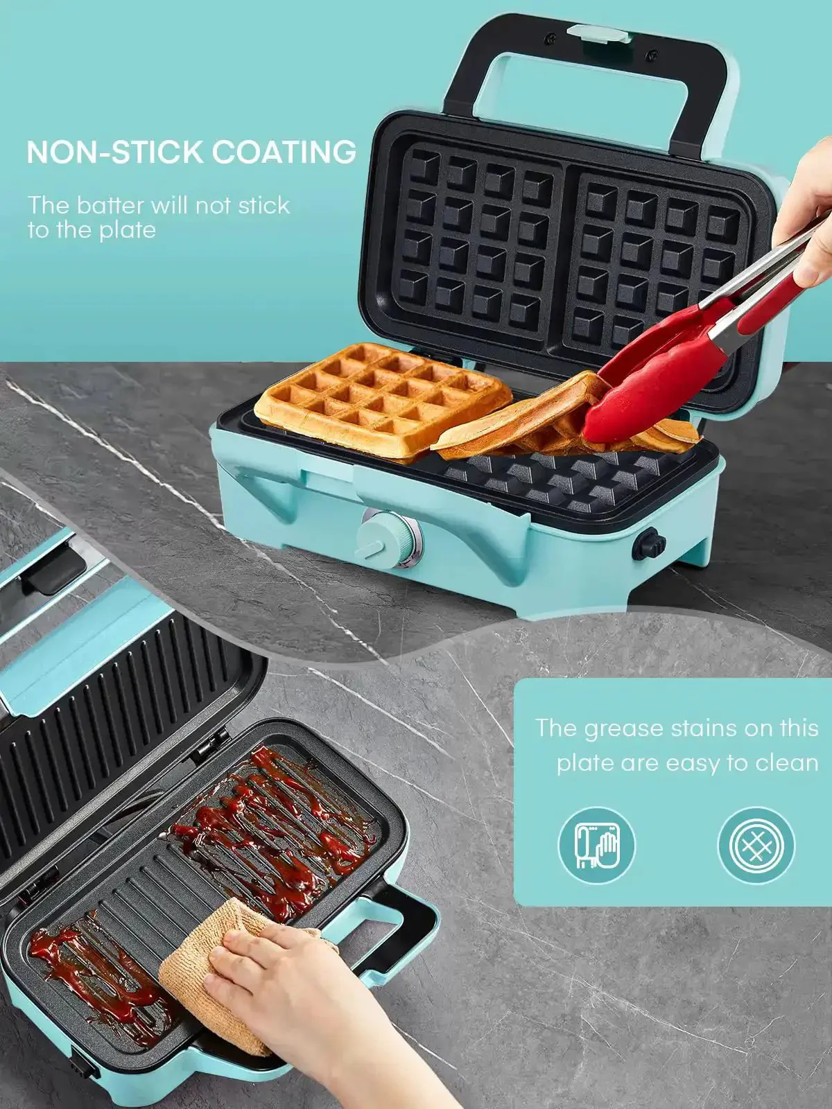 All-In-One Waffle Maker And Panini Press With Removable Plates, 1200W Powerhouse Fast Heating, 5 Gear Temperature Control, Nonstick Coating For Easy Cleanup, Indicator Lights, Dual Sandwich And Waffle Maker, Blue - Image 2