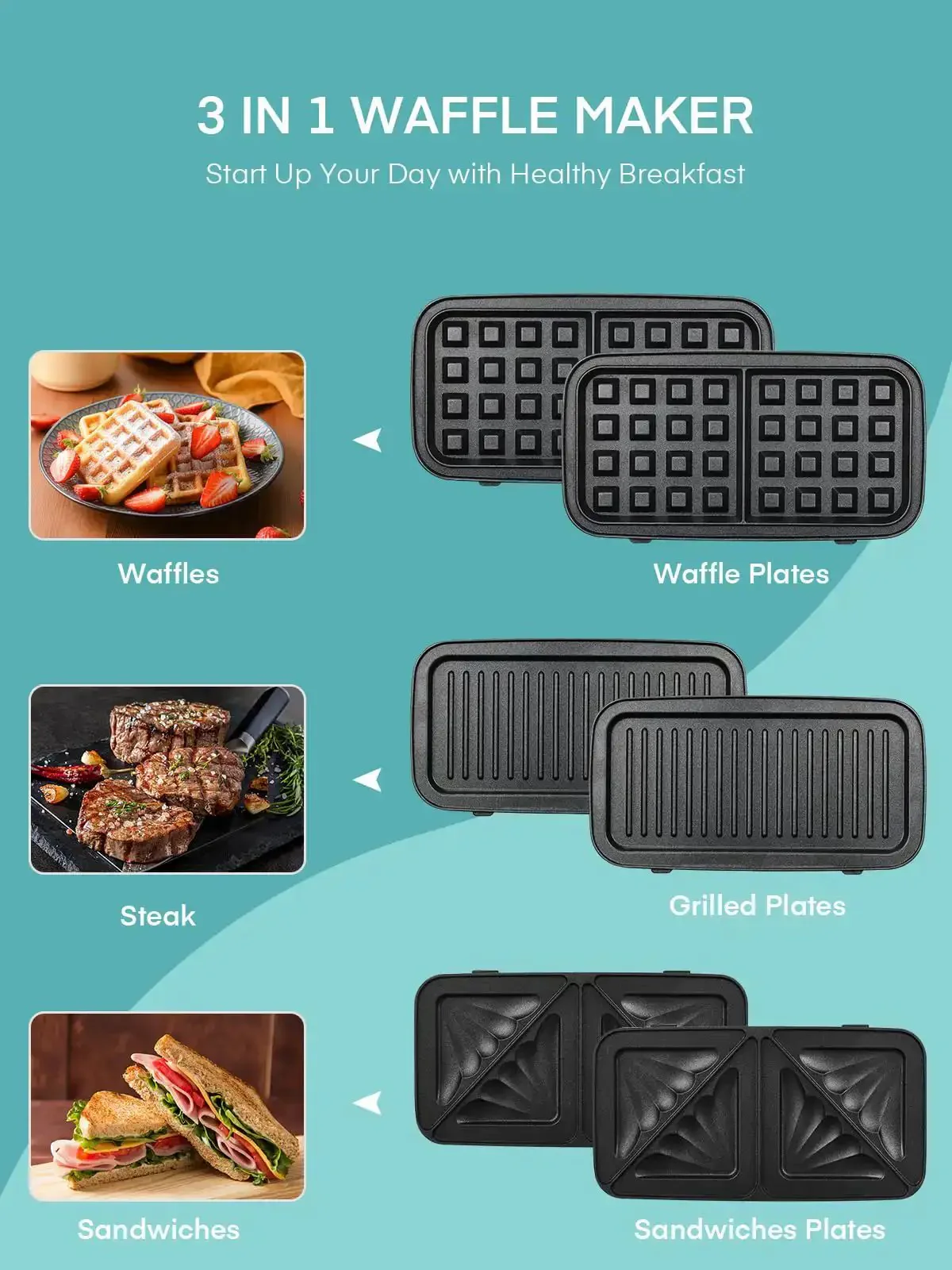 All-In-One Waffle Maker And Panini Press With Removable Plates, 1200W Powerhouse Fast Heating, 5 Gear Temperature Control, Nonstick Coating For Easy Cleanup, Indicator Lights, Dual Sandwich And Waffle Maker, Blue - Image 7
